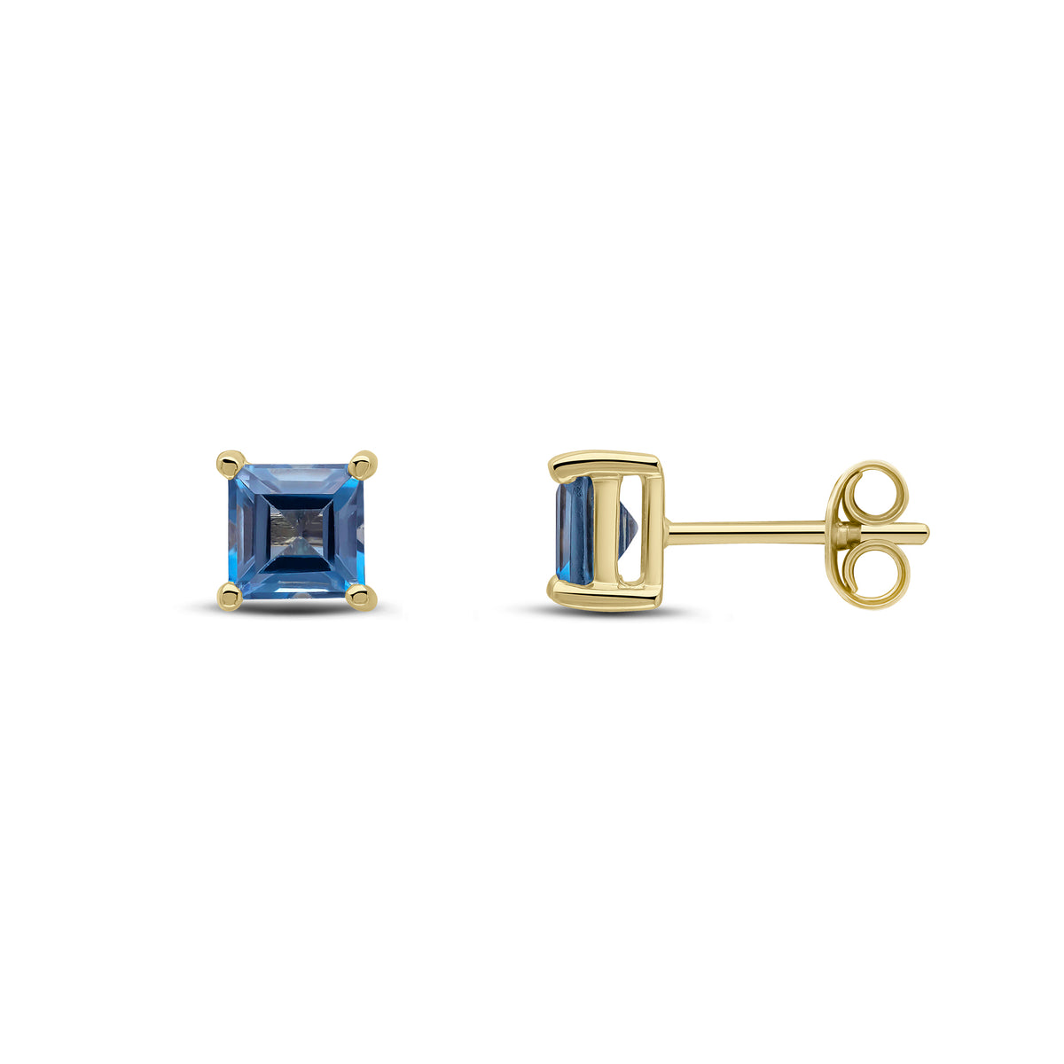 9ct Yellow Gold 5mm Square London Blue Topaz Claw Set Earrings