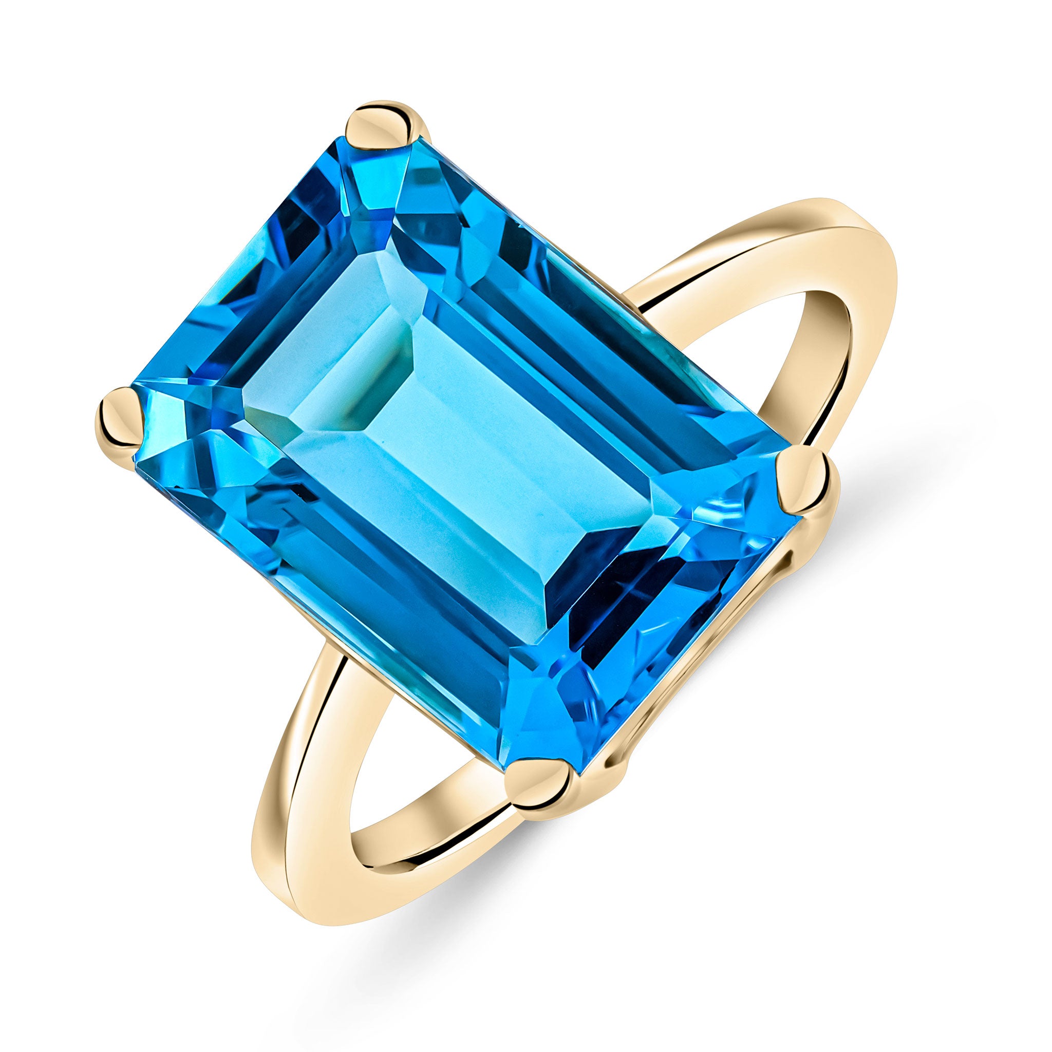 9ct Yellow Gold 14x10mm Octagon Swiss Blue Topaz Claw Set Single Stone Ring