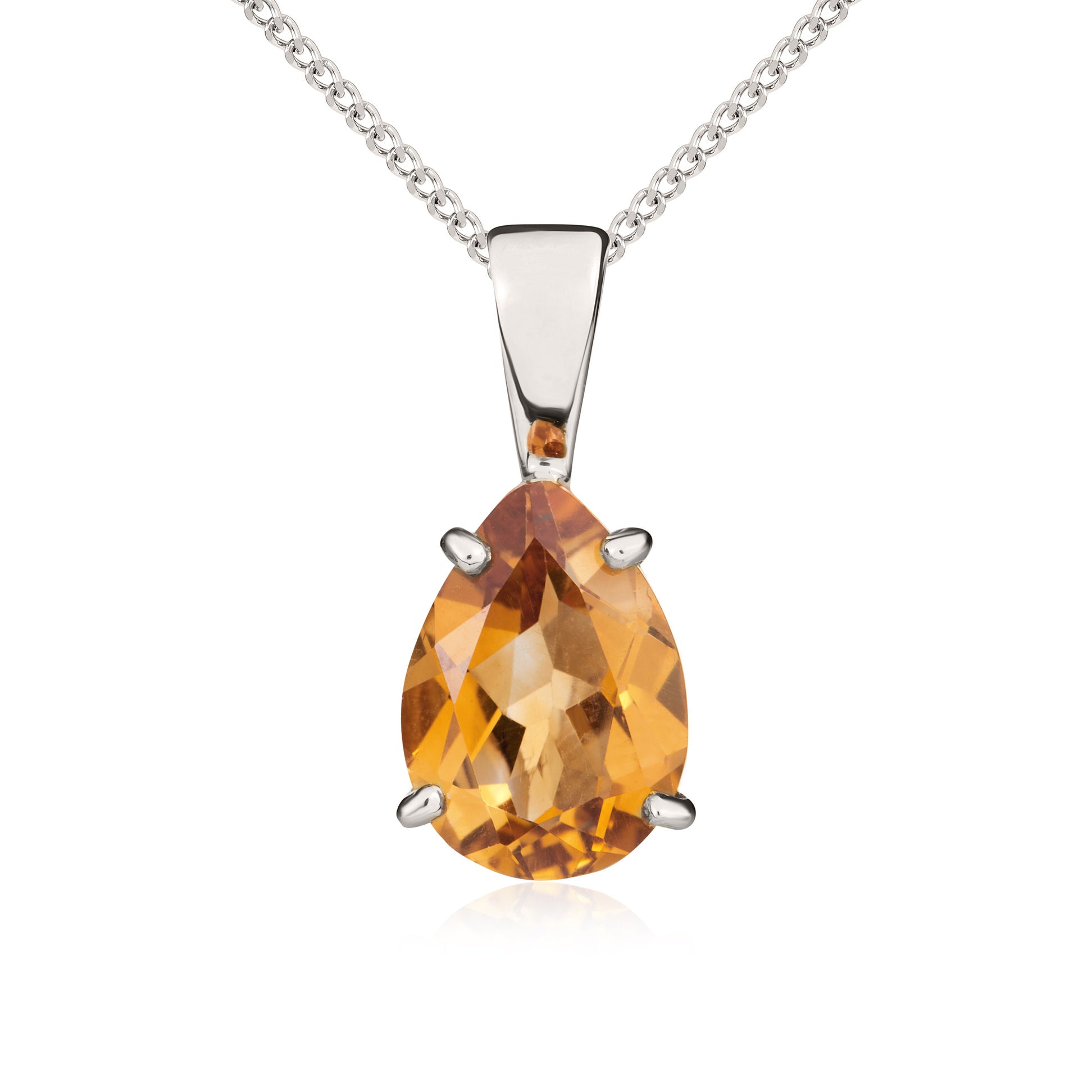 9ct White Gold 10x7 Pear Shape Citrine Claw Set Pendant