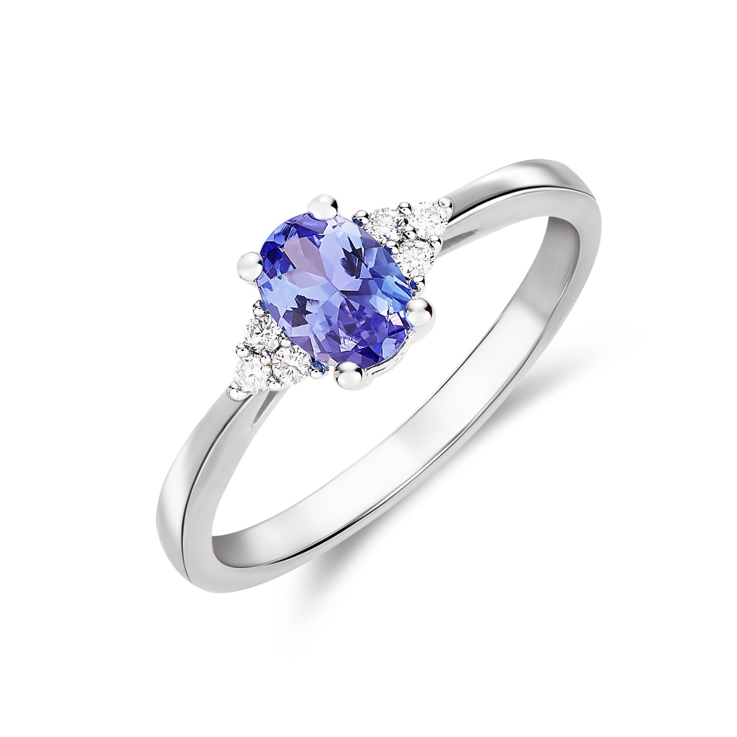 9ct White Gold 6x4 Oval Tanzanite & Round Diamond Trefoil Shoulders Claw Set Ring