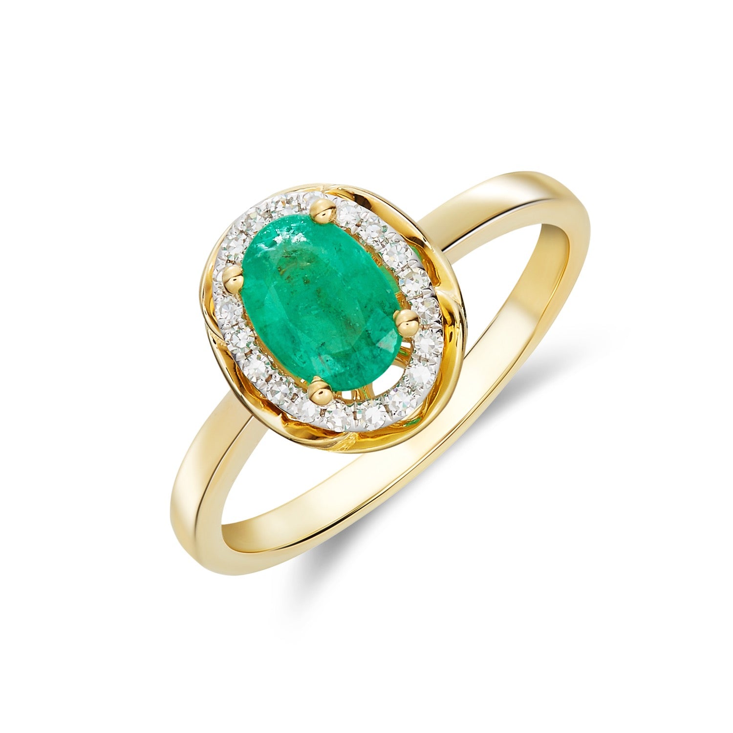 9CT YG 7X5 OVAL EMERALD & DIAMOND CLUSTER RING WITH ROPE EDGE. RHODIUM TO DIAMONDS 1