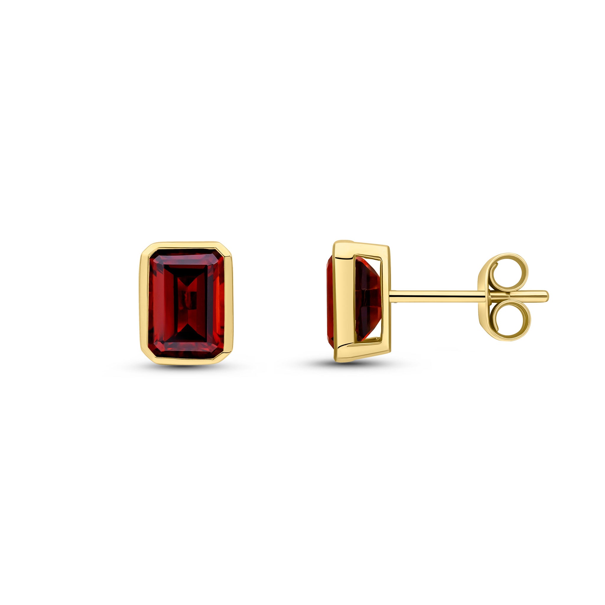 9ct Yellow Gold 7x5 Octagon Garnet Rubover Set Earrings