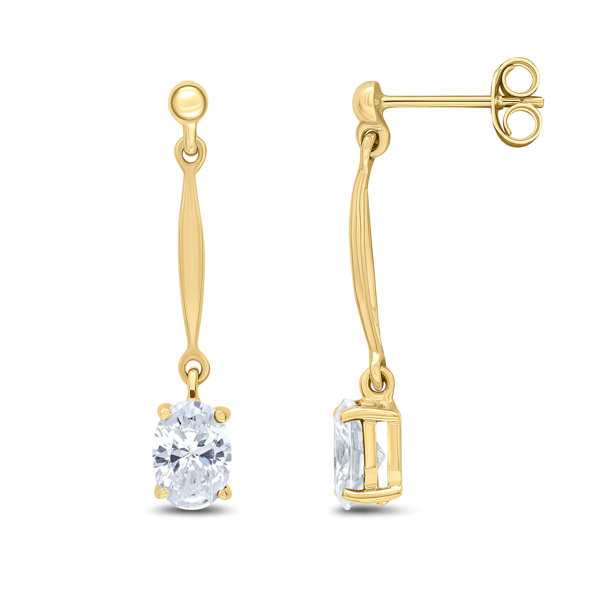 9ct Yellow Gold 7x5mm Oval CZ and Bar Drop Earrings with Bead Top
