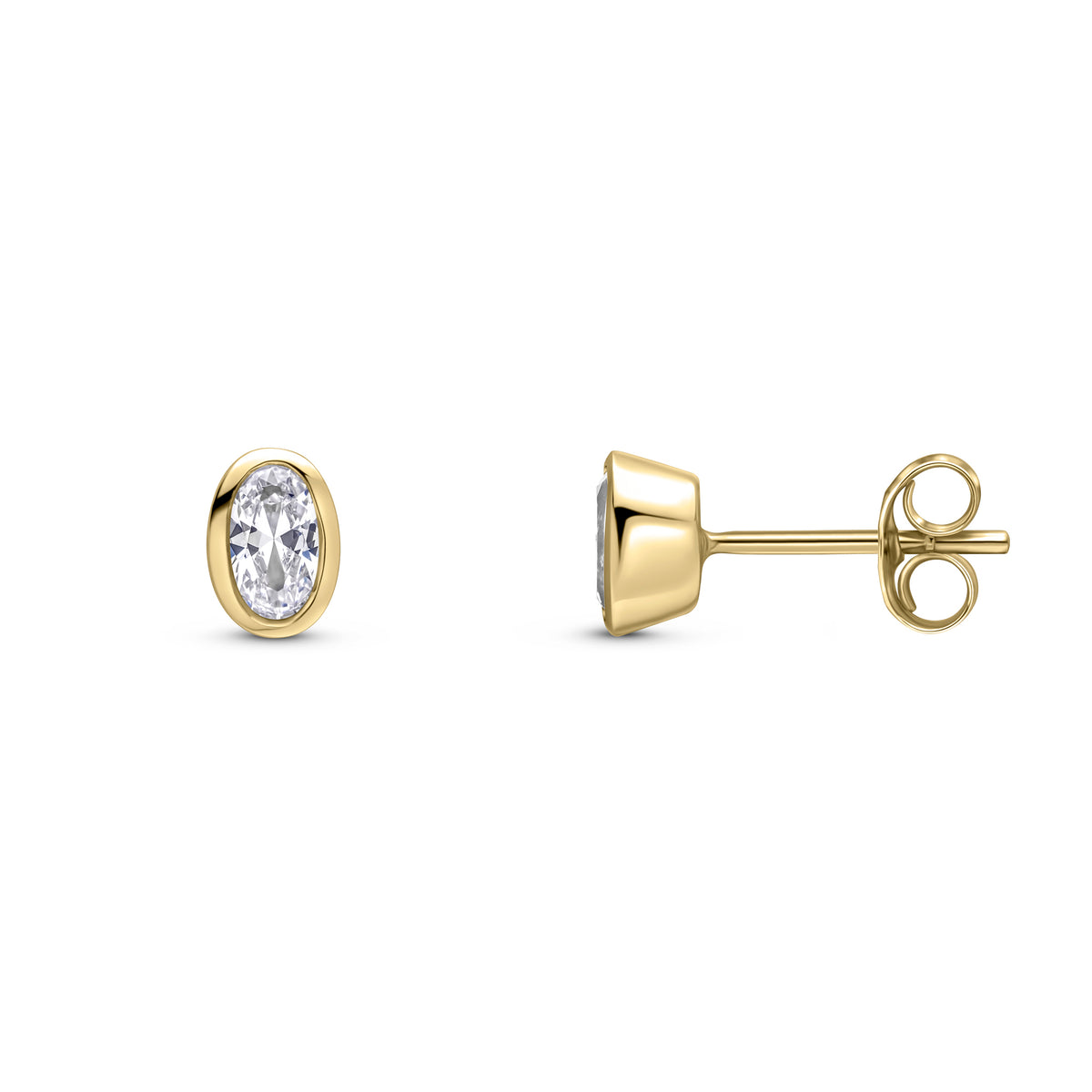 9ct Yellow Gold 5x3 Oval CZ Rubover Stud Earrings