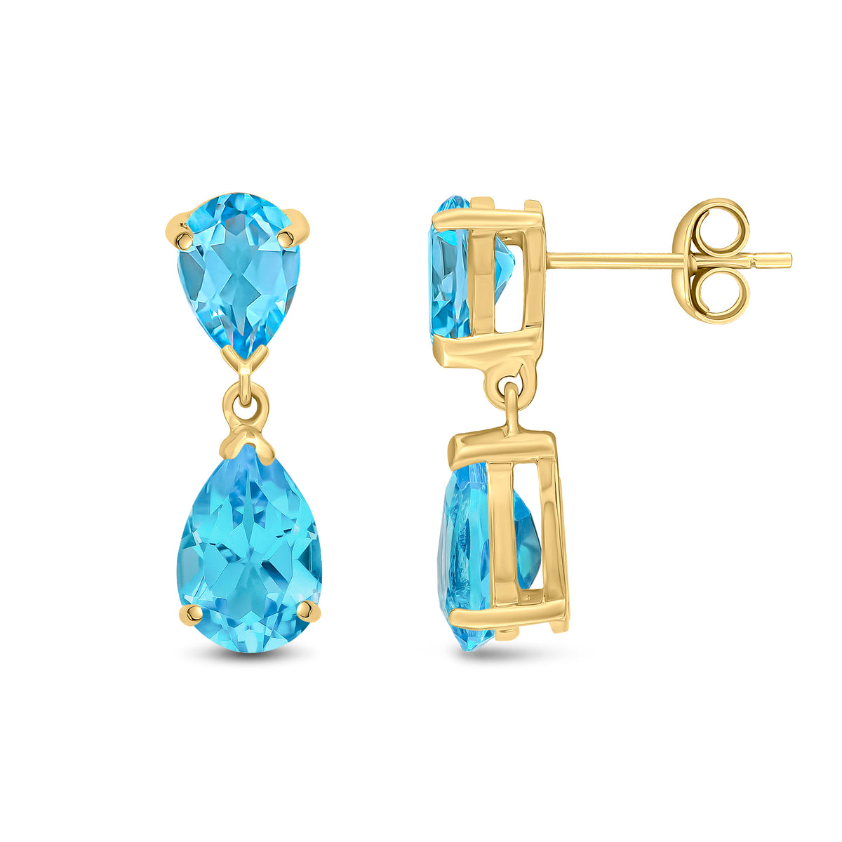 9ct Yellow Gold Pear Shape Swiss Blue Topaz 2 Stone Claw Set Drop Earrings