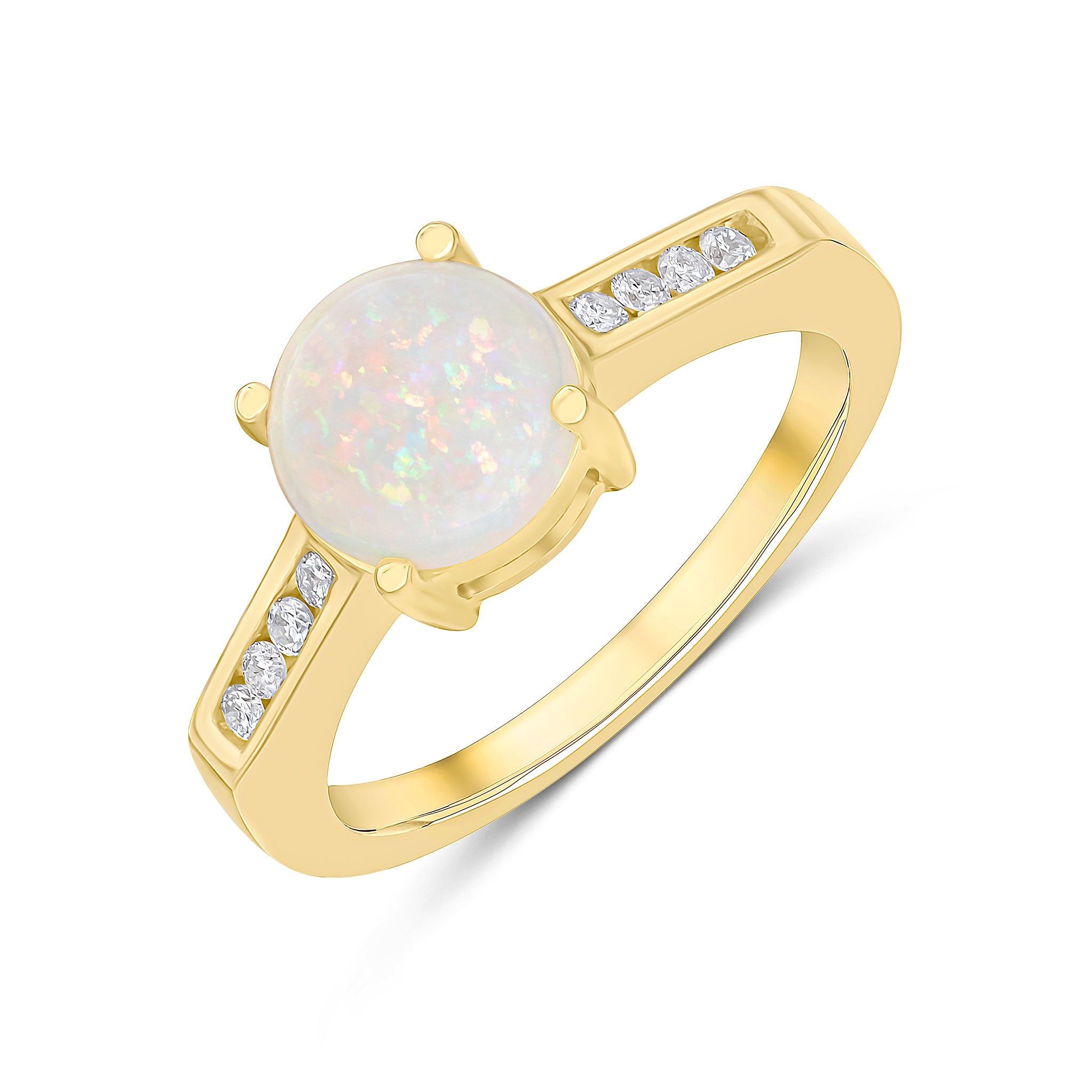 9CT YG CLAW SET 8MM ROUND OPAL SINGLE STONE RING WITH CHANNEL SET DIAMOND SHOULDERS 1