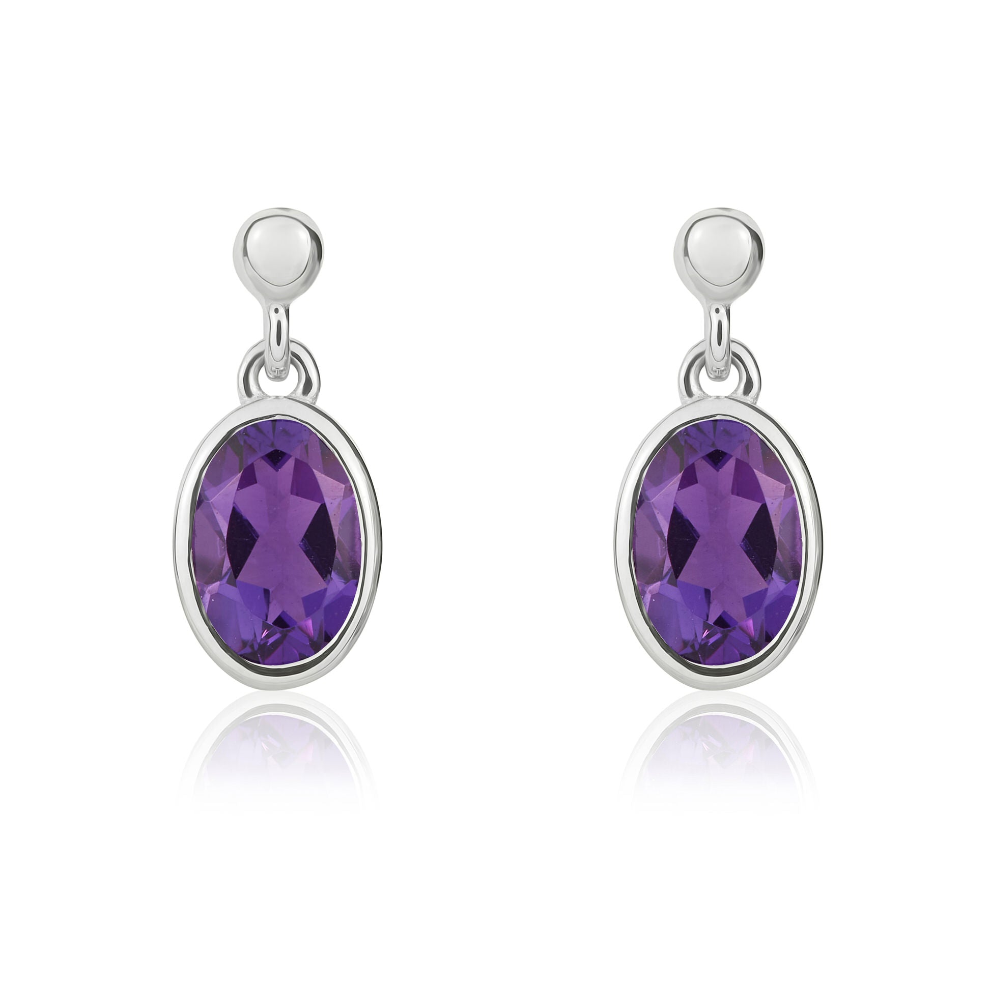9ct white gold 6 x 4 mm oval Amethyst rubover Drop Earrings With 2.5mm Bead Top
