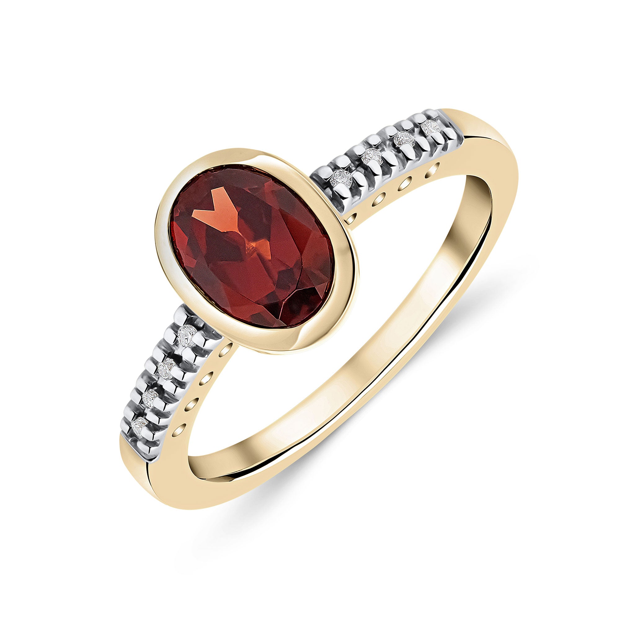 9CT YG RUBOVER 8X6 OVAL GARNET SINGLE STONE RING WITH CLAW SET DIAMOND SHOULDERS. RHODIUM TO DIAMONDS 1