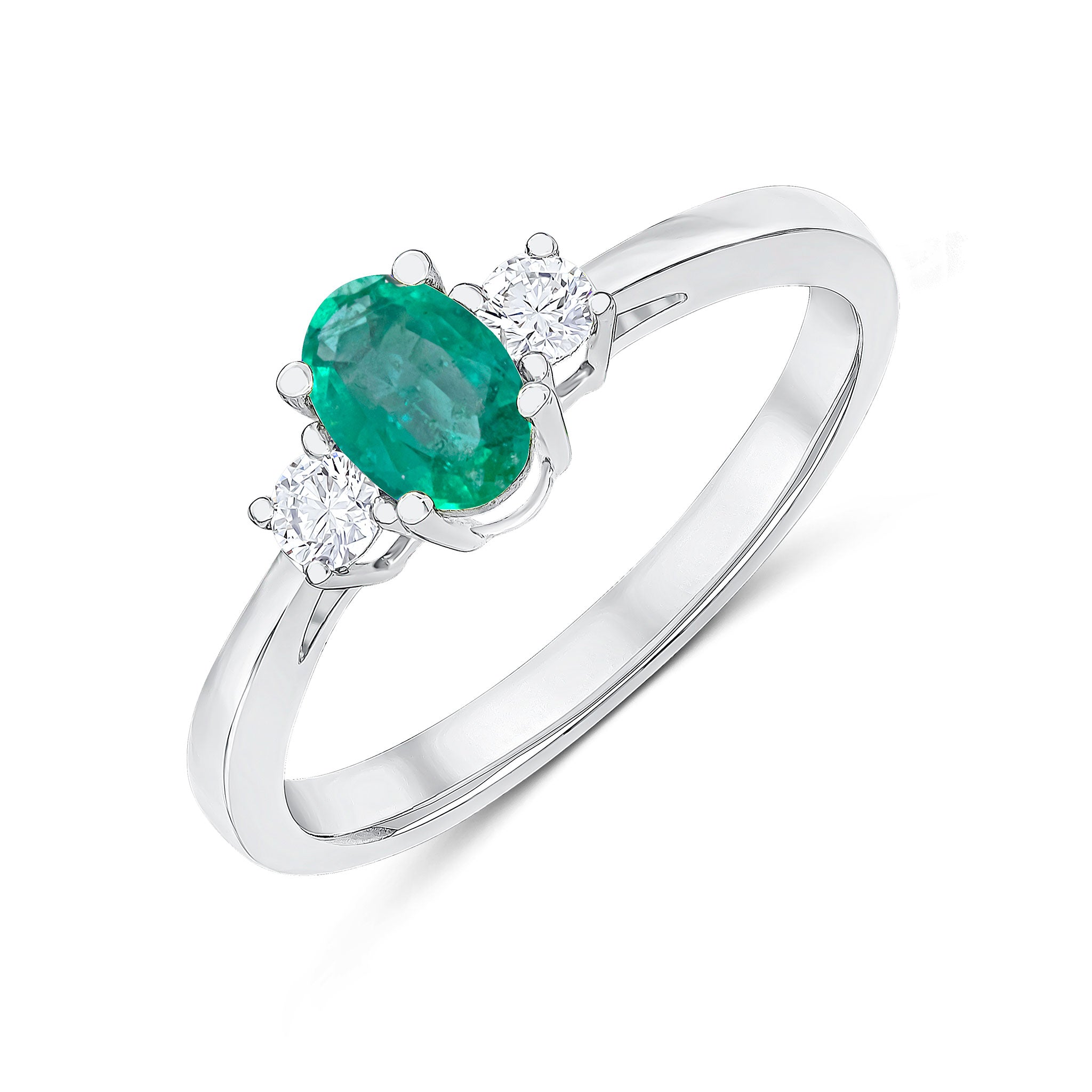 9CT WG 6X4 OVAL EMERALD AND ROUND DIAMOND CLAW SET 3ST RING 1