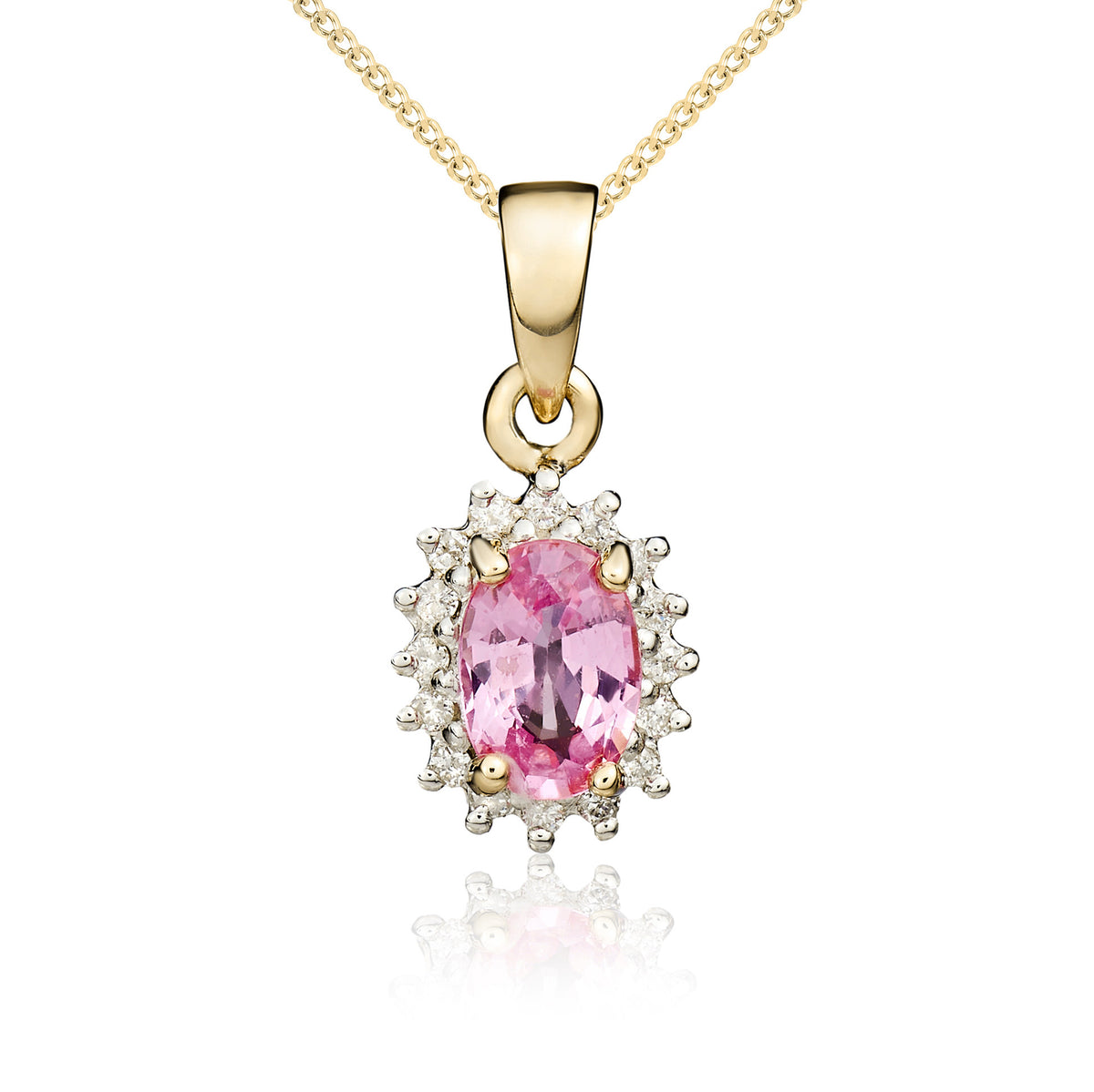 9ct Yellow Gold Oval Pink Sapphire & Diamond Cluster Claw Pendant Stones Unavailable So Cannot Order