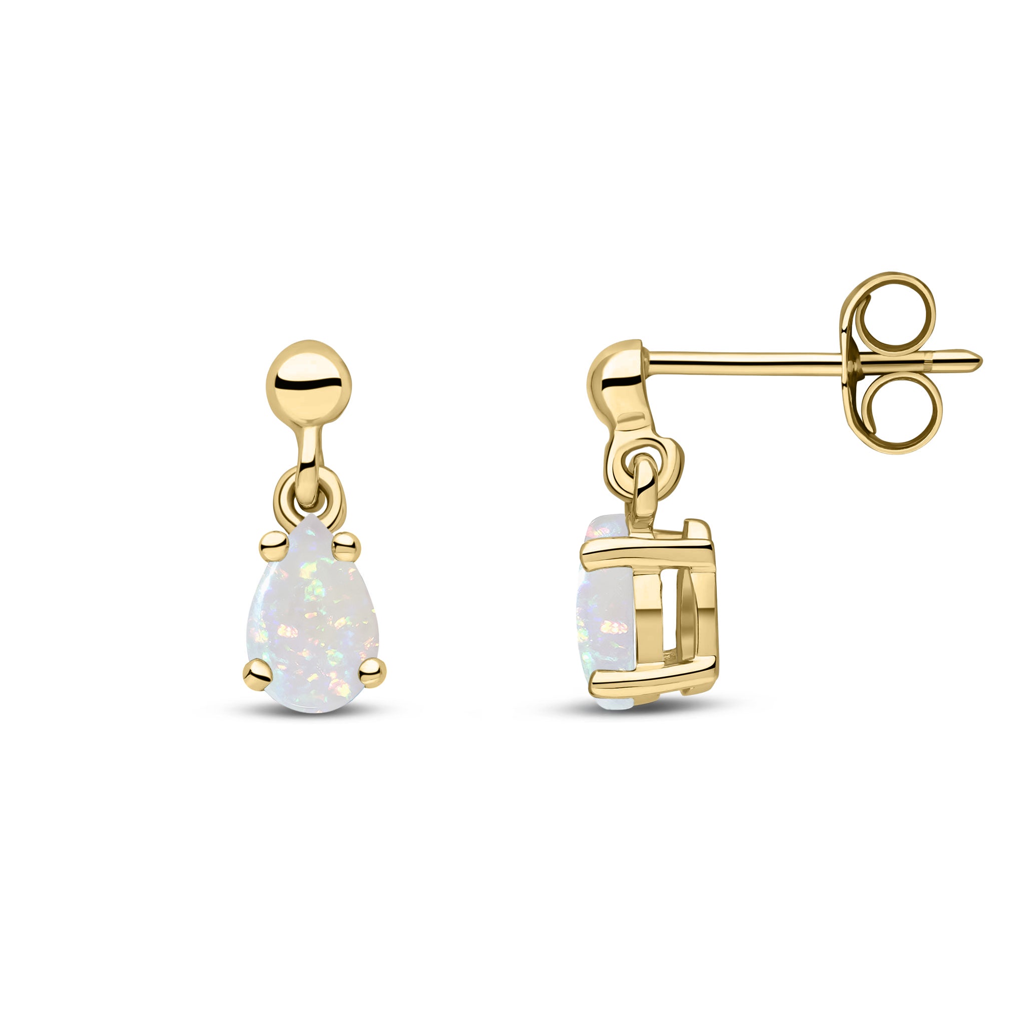 9ct Yellow Gold 6x4 Pear Shape Opal Claw Set Drop Earrings with Bead Top