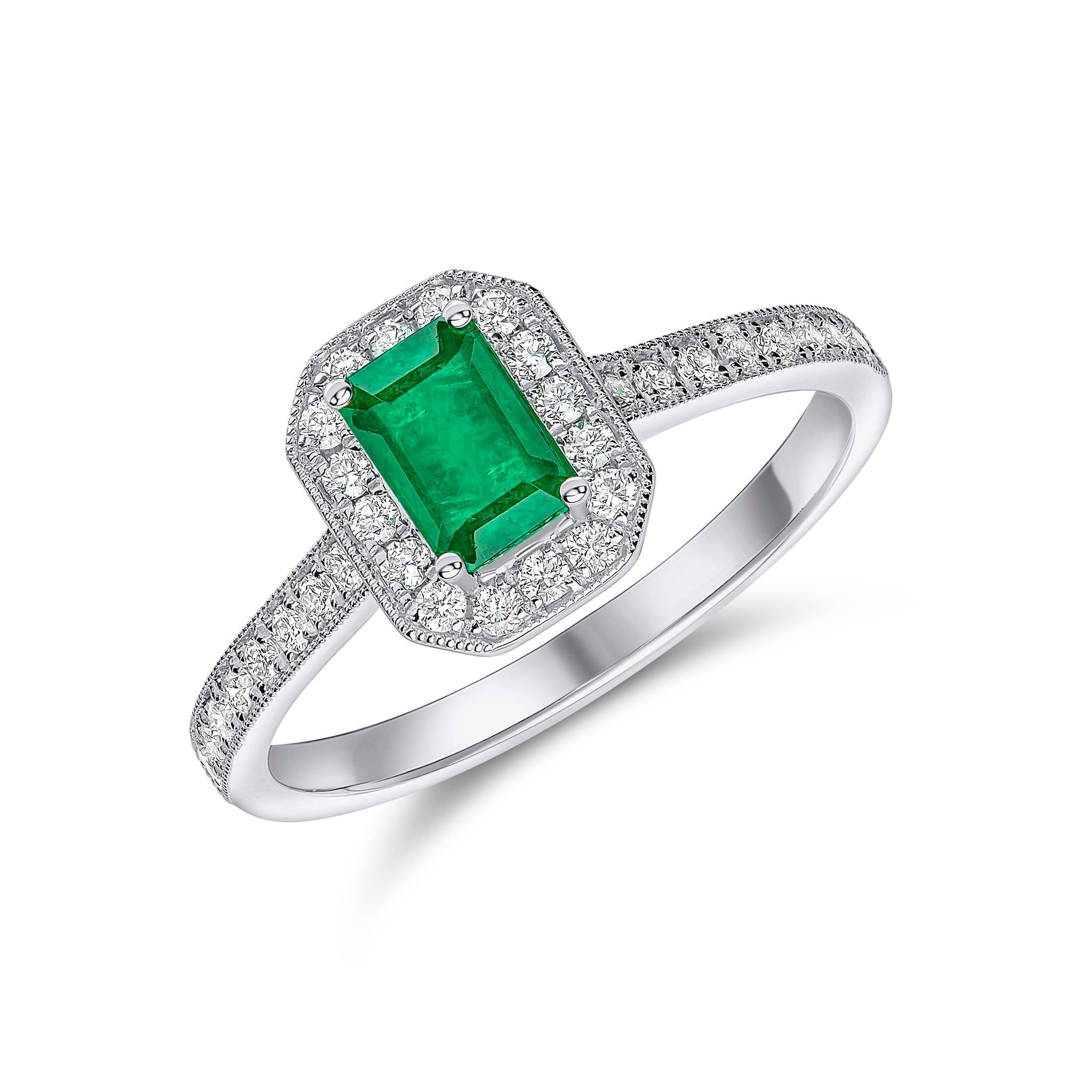 18ct White Gold 6x4 Octagon Emerald & Diamond Milgrain Cluster Ring G
