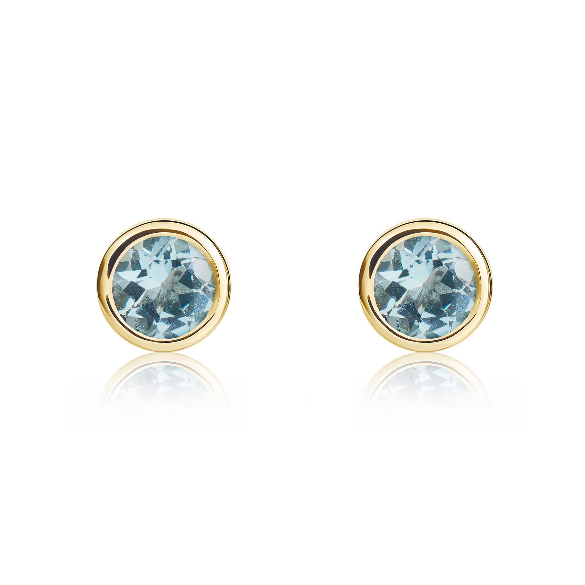 9ct Yellow Gold 4mm Round Aquamarine Rubover Stud Earrings