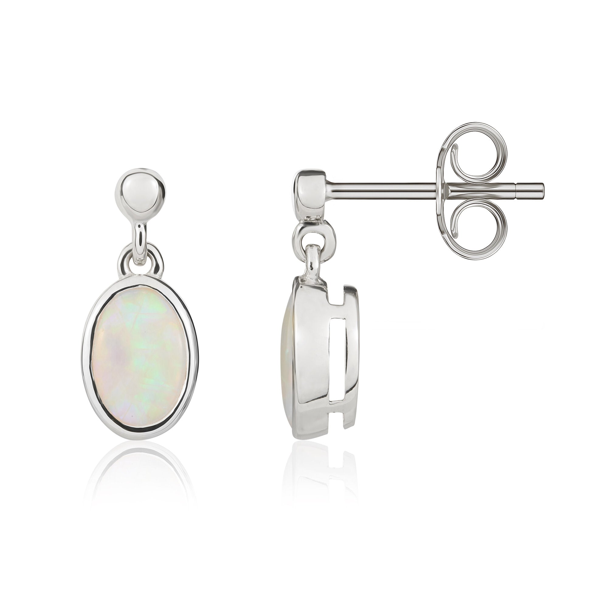 9ct White Gold 7x5mm Oval Opal Rubover Drop Earrings with Bead Top