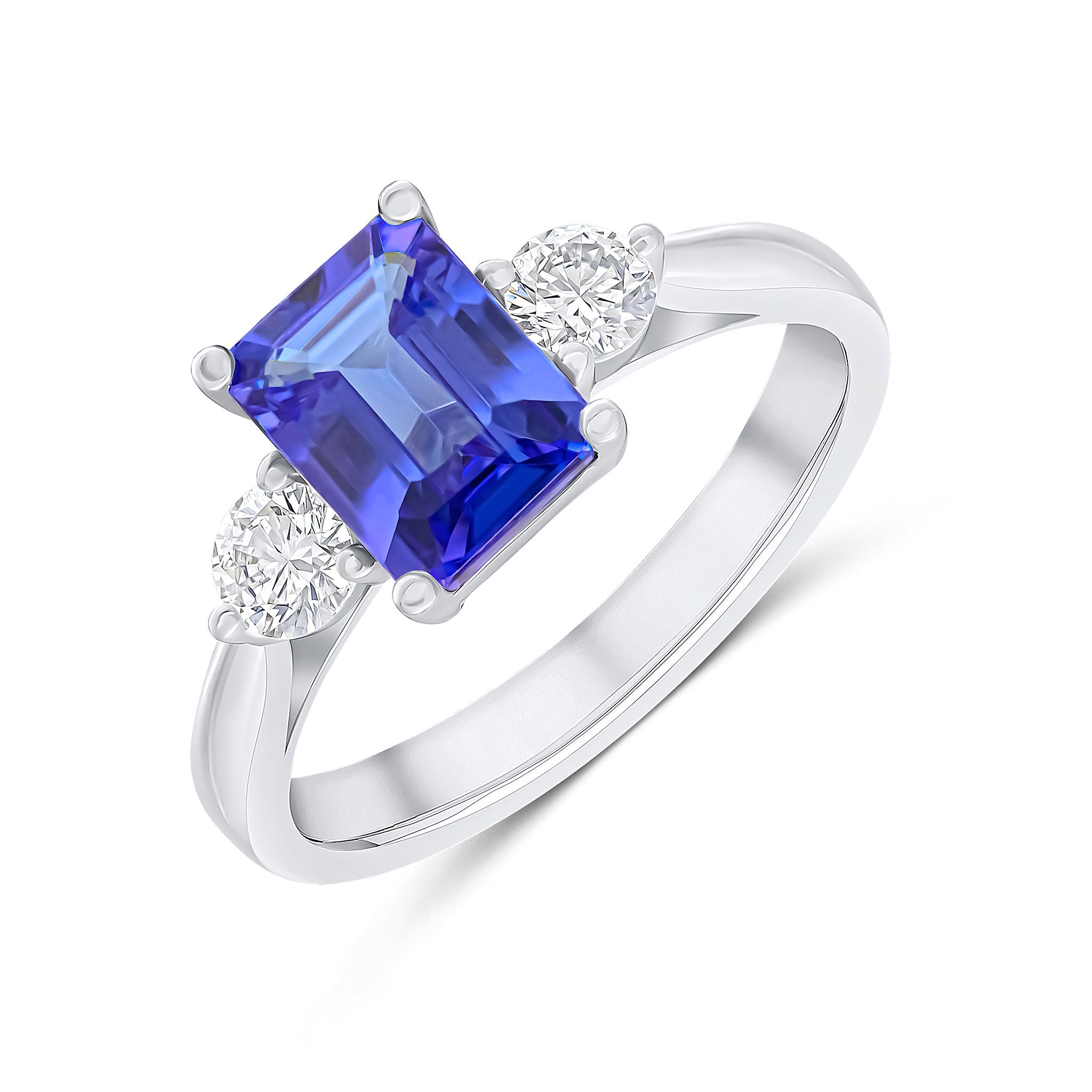 18ct White Gold Octagon Tanzanite and Round Diamond Claw Set 3 Stone Ring
