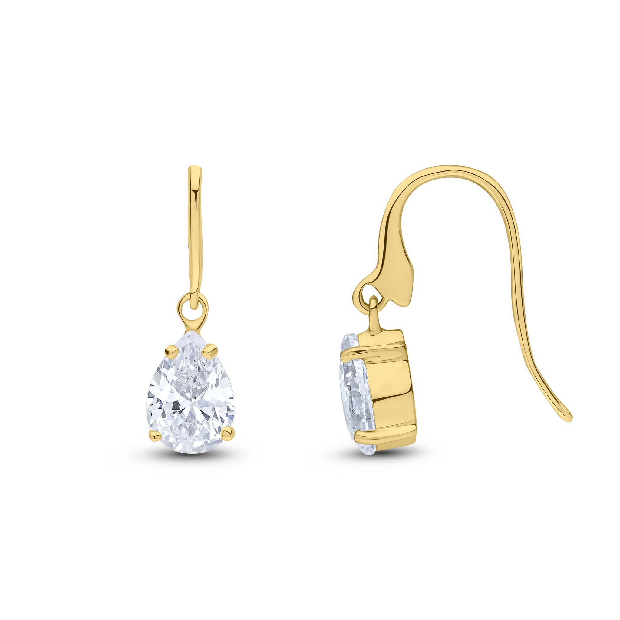 9ct Yellow Gold 7x5mm Pear Shape CZ Claw Set Wire Hook Drop Earrings