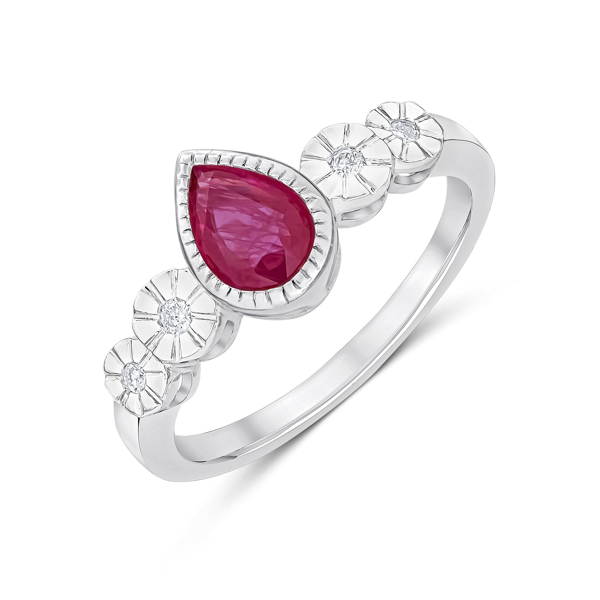 9CT WHITE GOLD MILLEGRAIN PEARSHAPE RUBY AND ILLUSION DIAMOND 4ST SHOULDERS RING 1