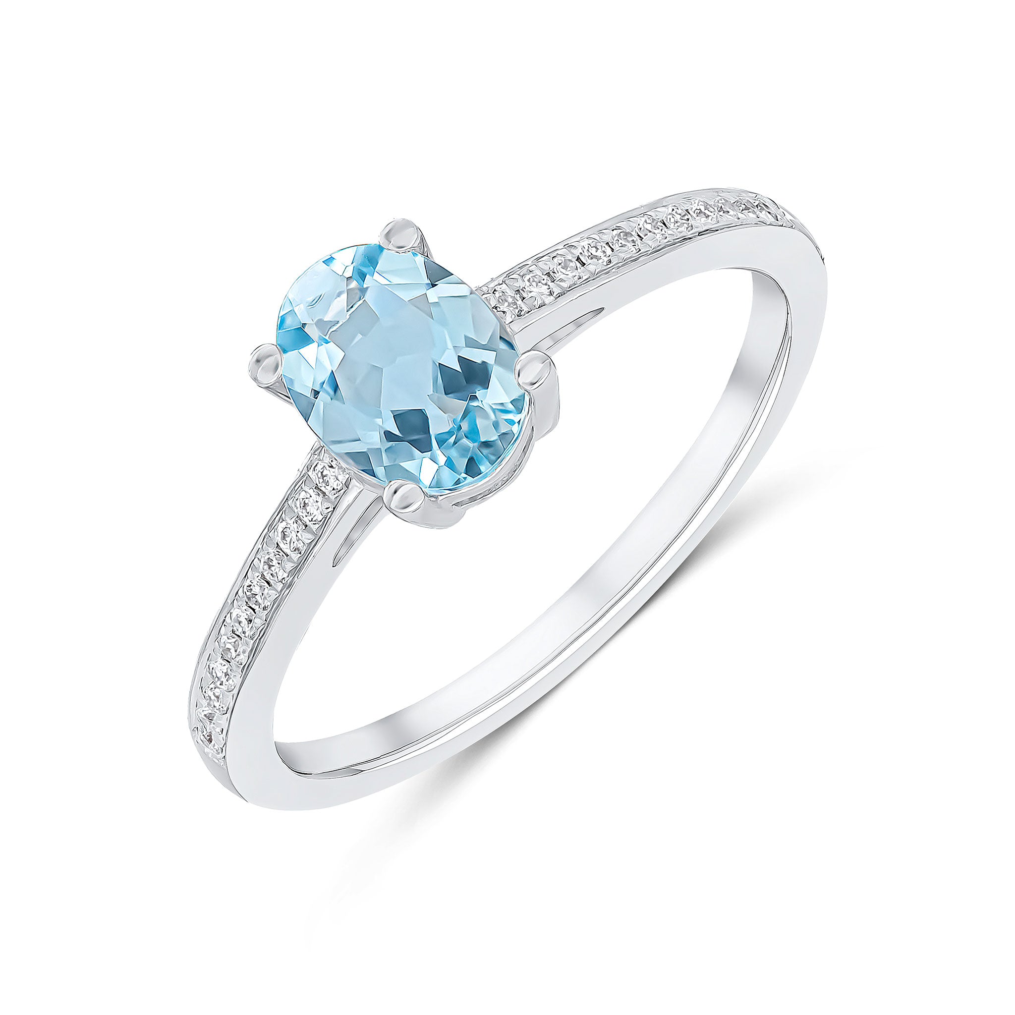 18ct White Gold Claw Set Oval 7x5 Aquamarine Single Stone Ring with Grain Set Diamond Shoulders