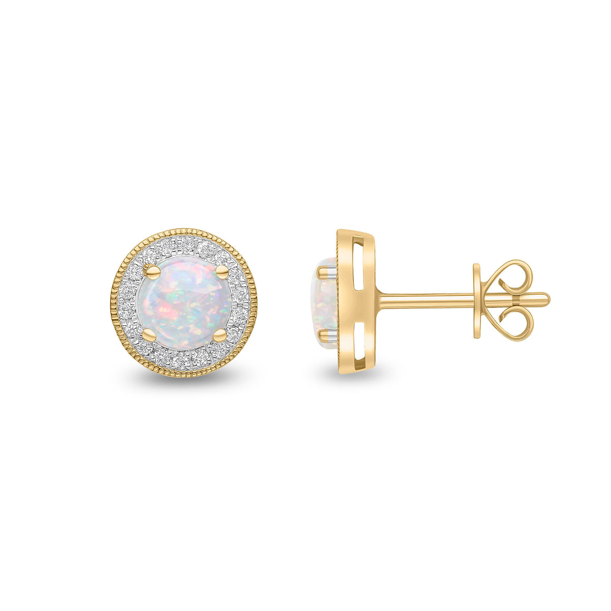 18ct Yellow Gold Claw Set 5.5mm Round Opal and Diamond Cluster Earrings Milgrain Edge