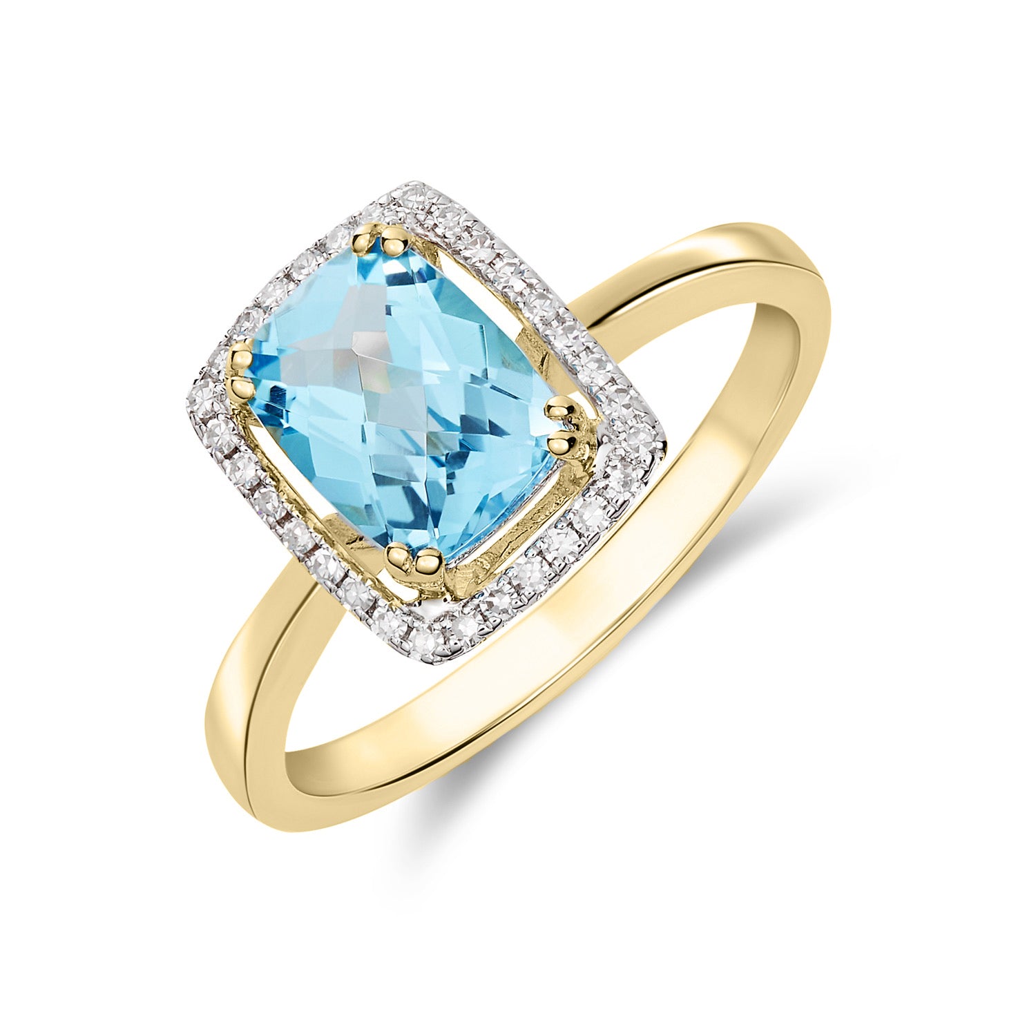 9ct Yellow Gold 8x6 Cushion Checkerboard Cut Swiss Blue Topaz & Diamond Halo Cluster Ring Rhodium to Diamonds