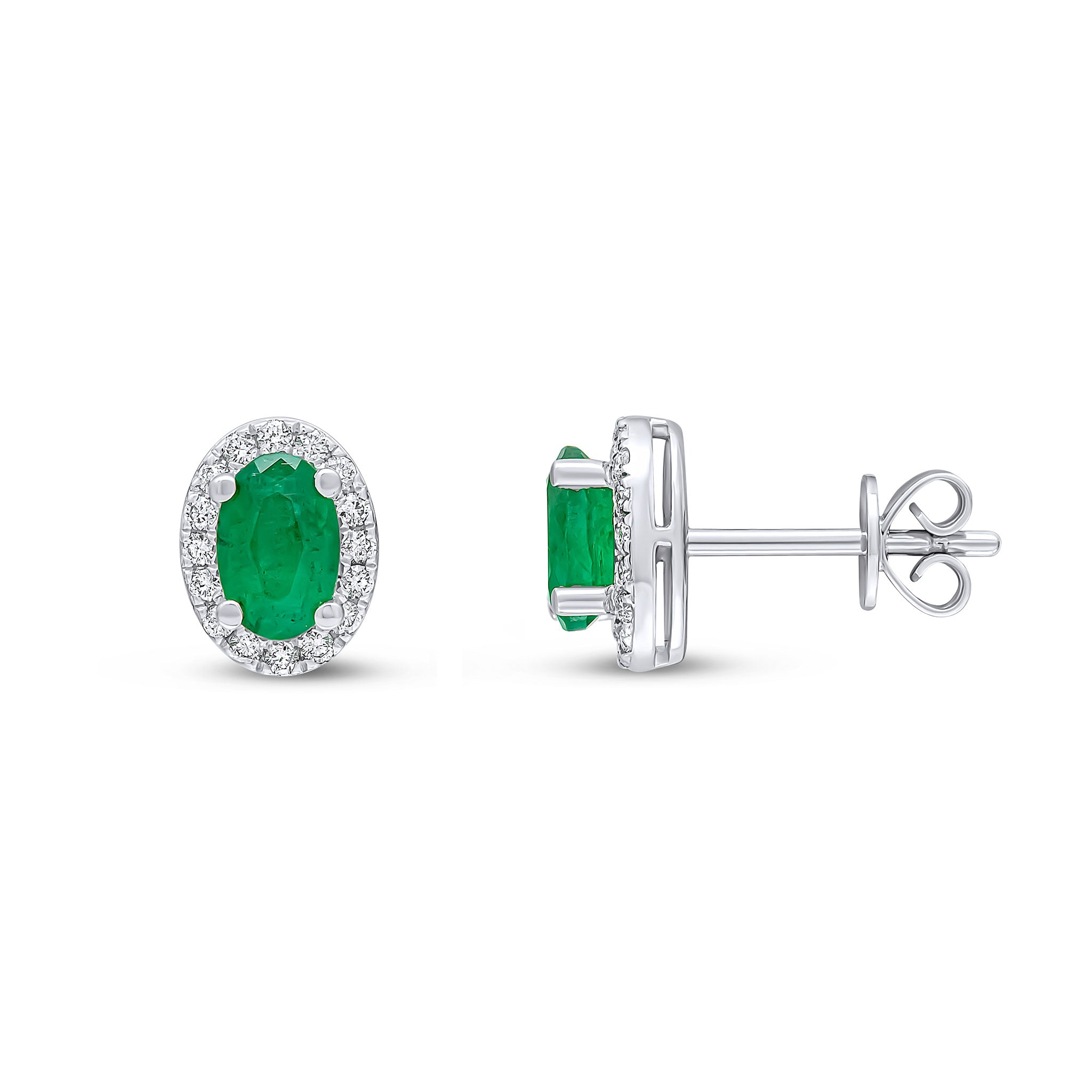 18ct White Gold 6x4mm Oval Emerald and Round Diamond Claw Cluster Earrings