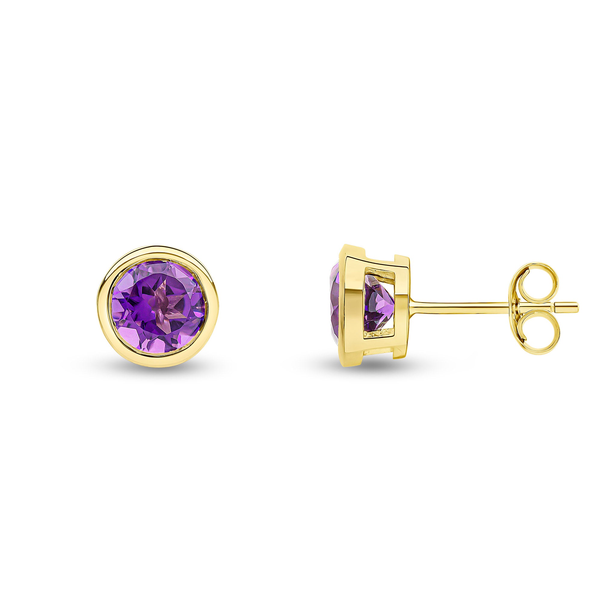 9ct Yellow Gold 6mm Round Amethyst Rubover Earrings
