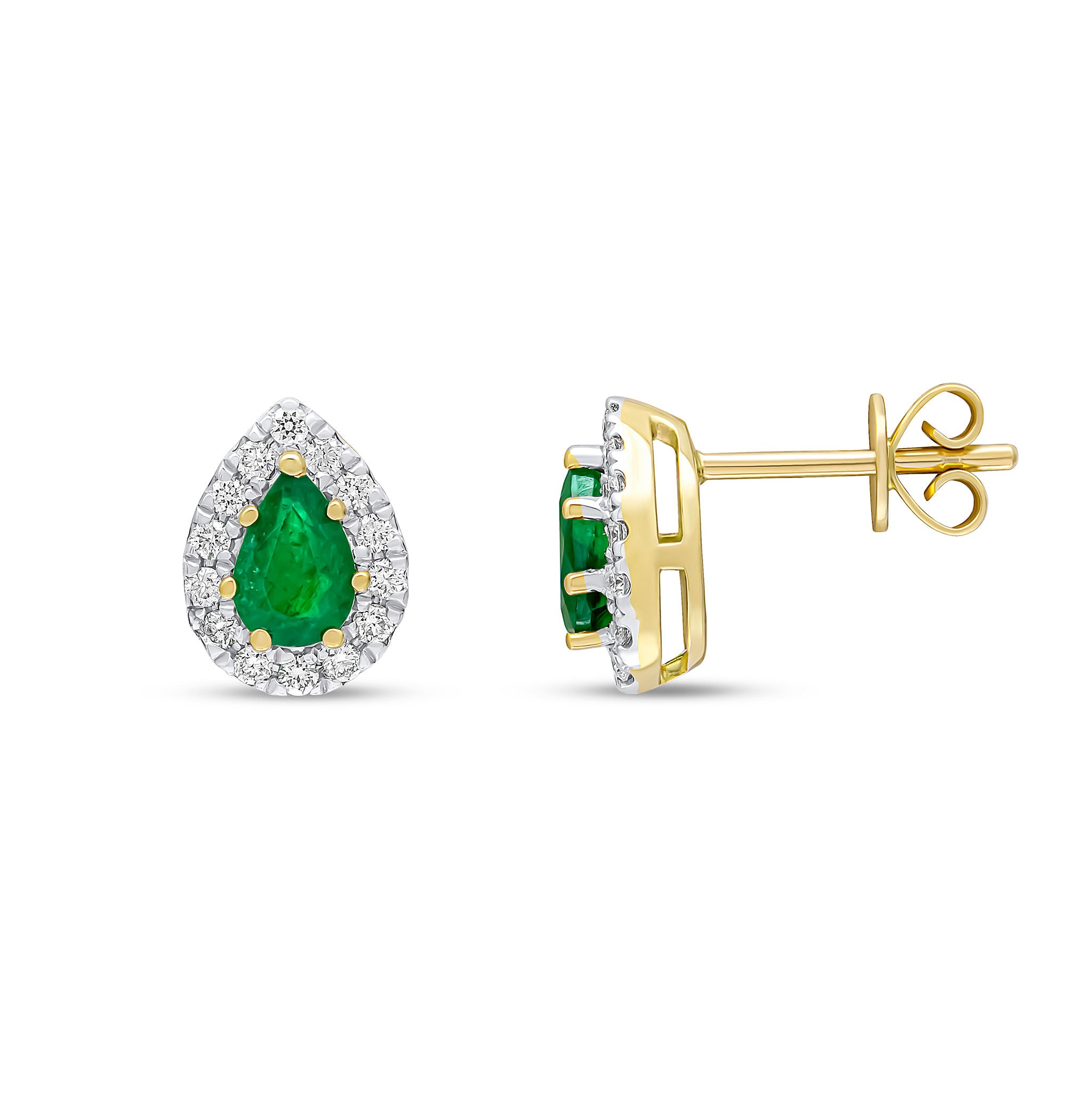 18ct Yellow Gold 6x4 Pear Shape Emerald and Diamond Claw Cluster Earrings