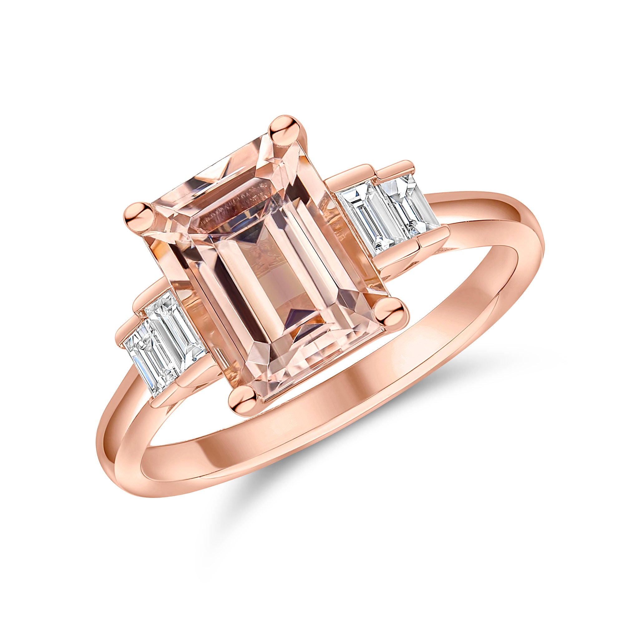 18ct Rose Gold Octagon Morganite Single Stone Ring with Baguette Diamond 2 Stone Shoulders
