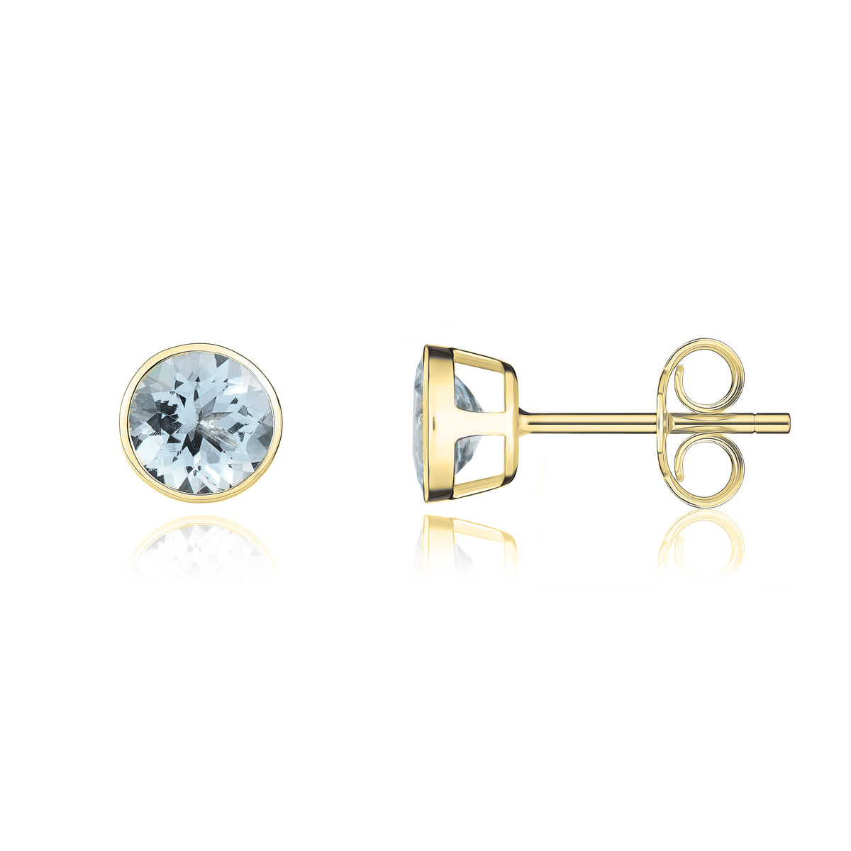9ct Yellow Gold Round Aquamarine Rubover Stud Earrings
