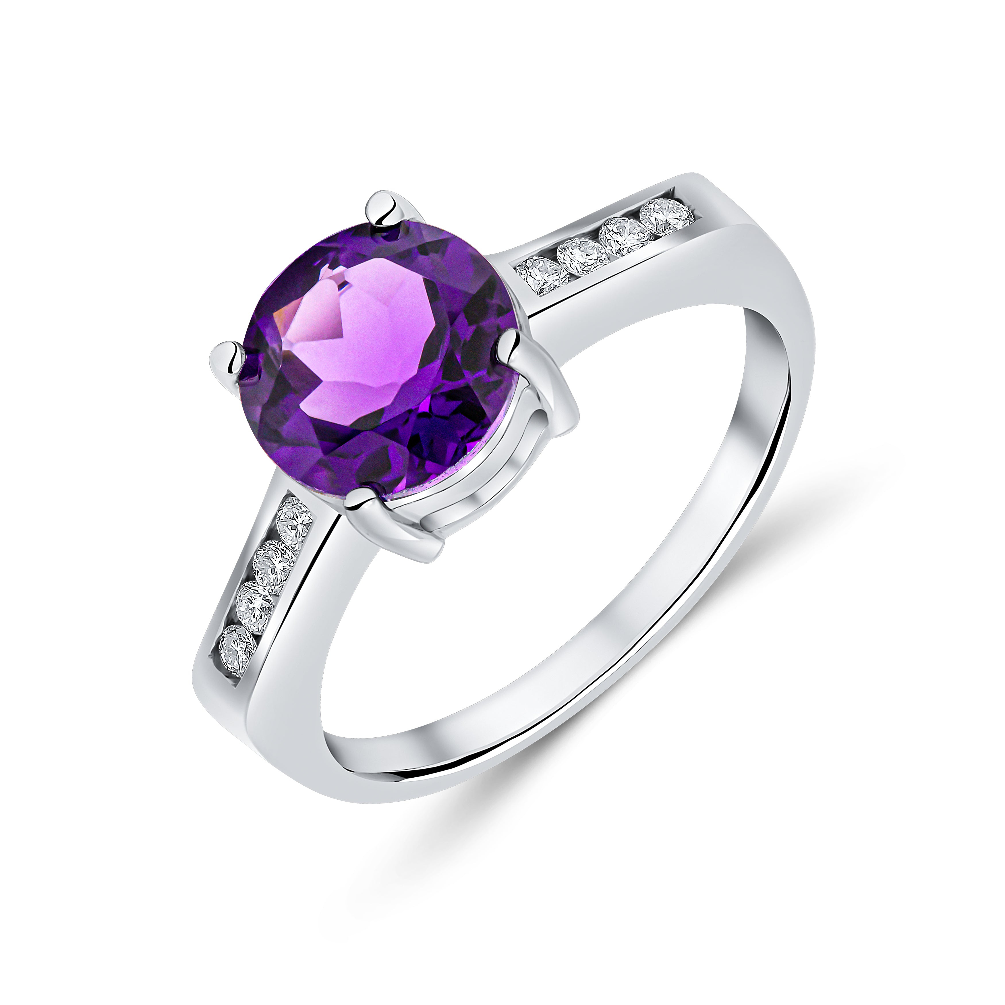 9CT WG CLAW SET 8MM ROUND AMETHYST SINGLE STONE RING WITH CHANNEL SET DIAMOND SHOULDERS 1