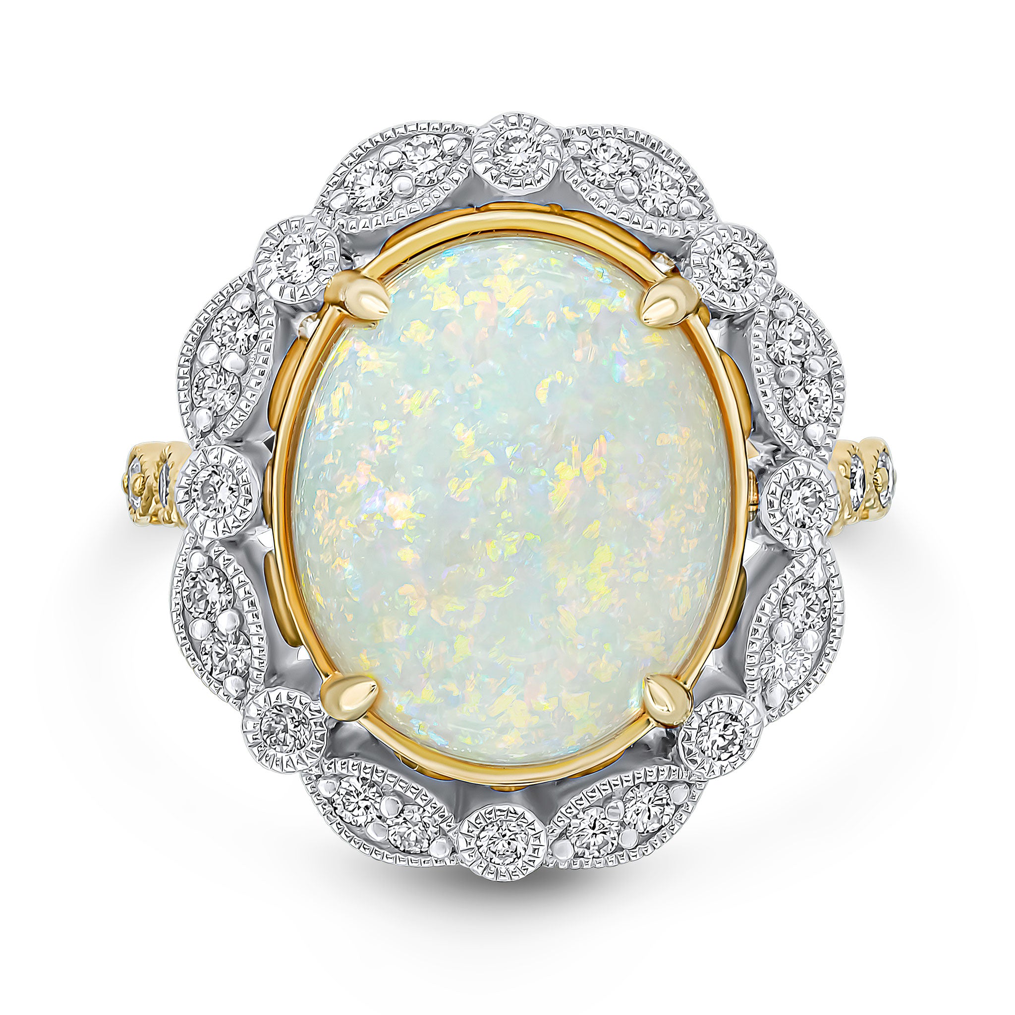 18ct Ywg Oval Opal & Diamond Milgrain Fancy Cluster Ring