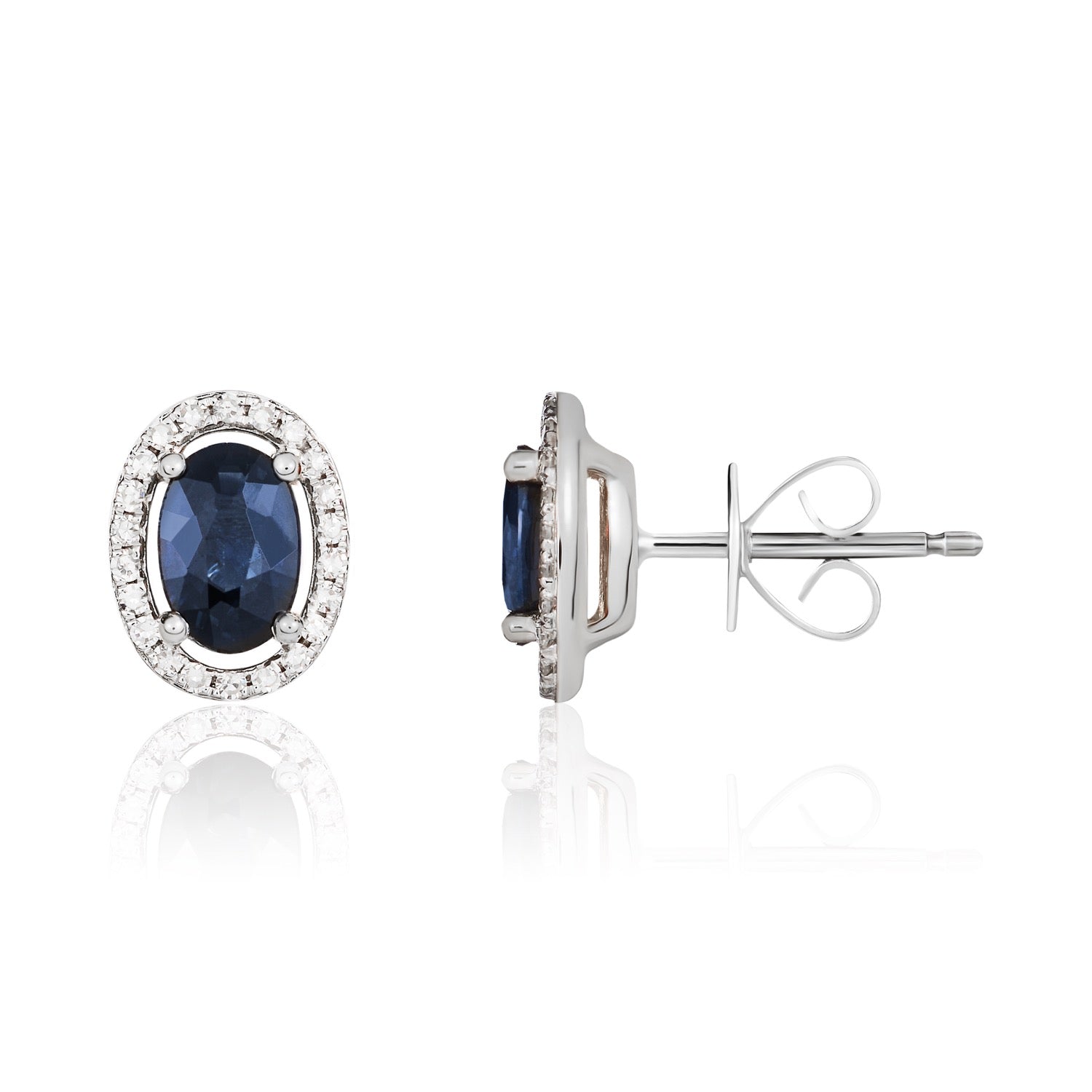 9ct White Gold 6x4 Oval Sapphire and Round Diamond Halo Cluster Earrings