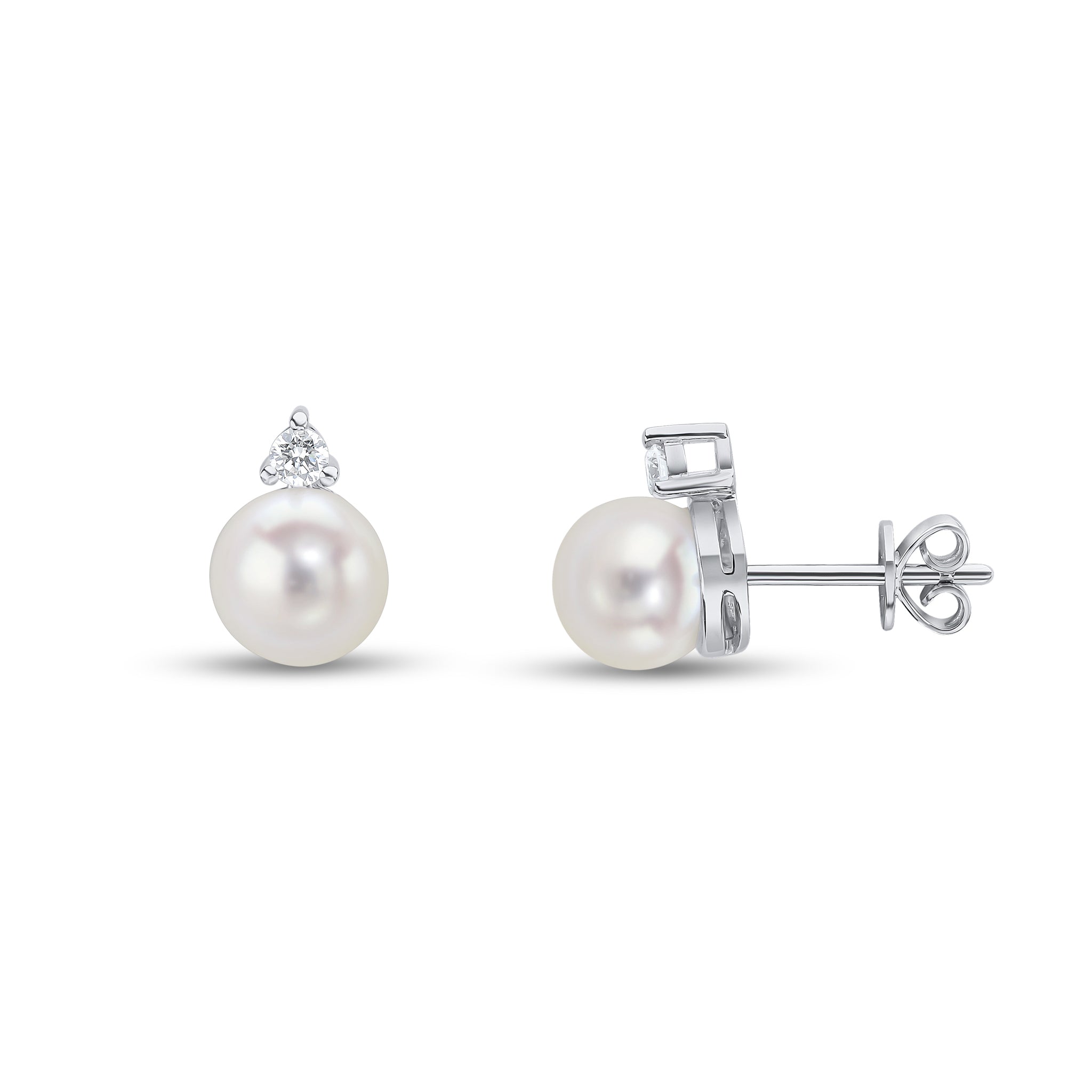 18ct White Gold Cfw Pearl and Round Diamond 2 Stone Claw Earrings