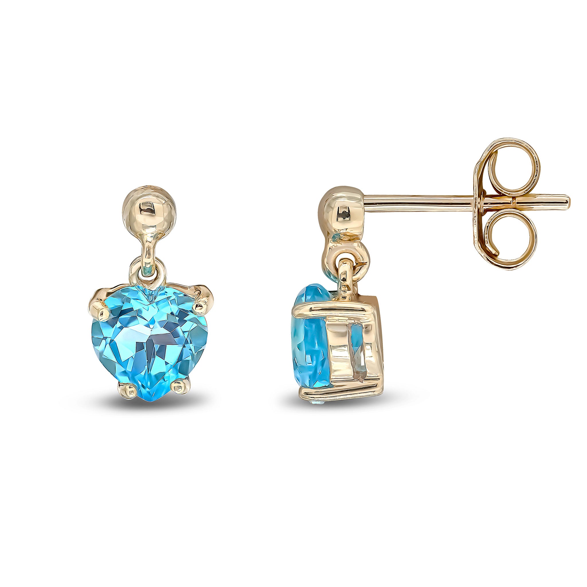 9ct Yellow Gold Heart Swiss Blue Topaz Claw Drop Earrings