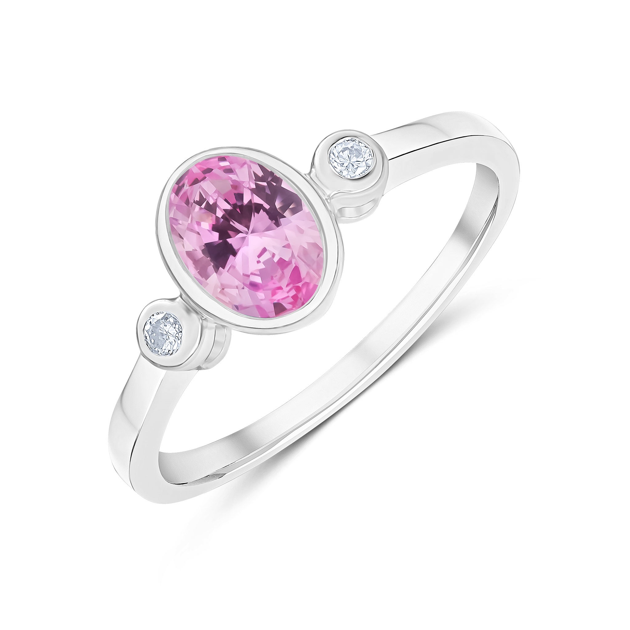 9ct White Gold 7x5 Oval Pink Tourmaline and Round Diamond 3 Stone Rubover Ring