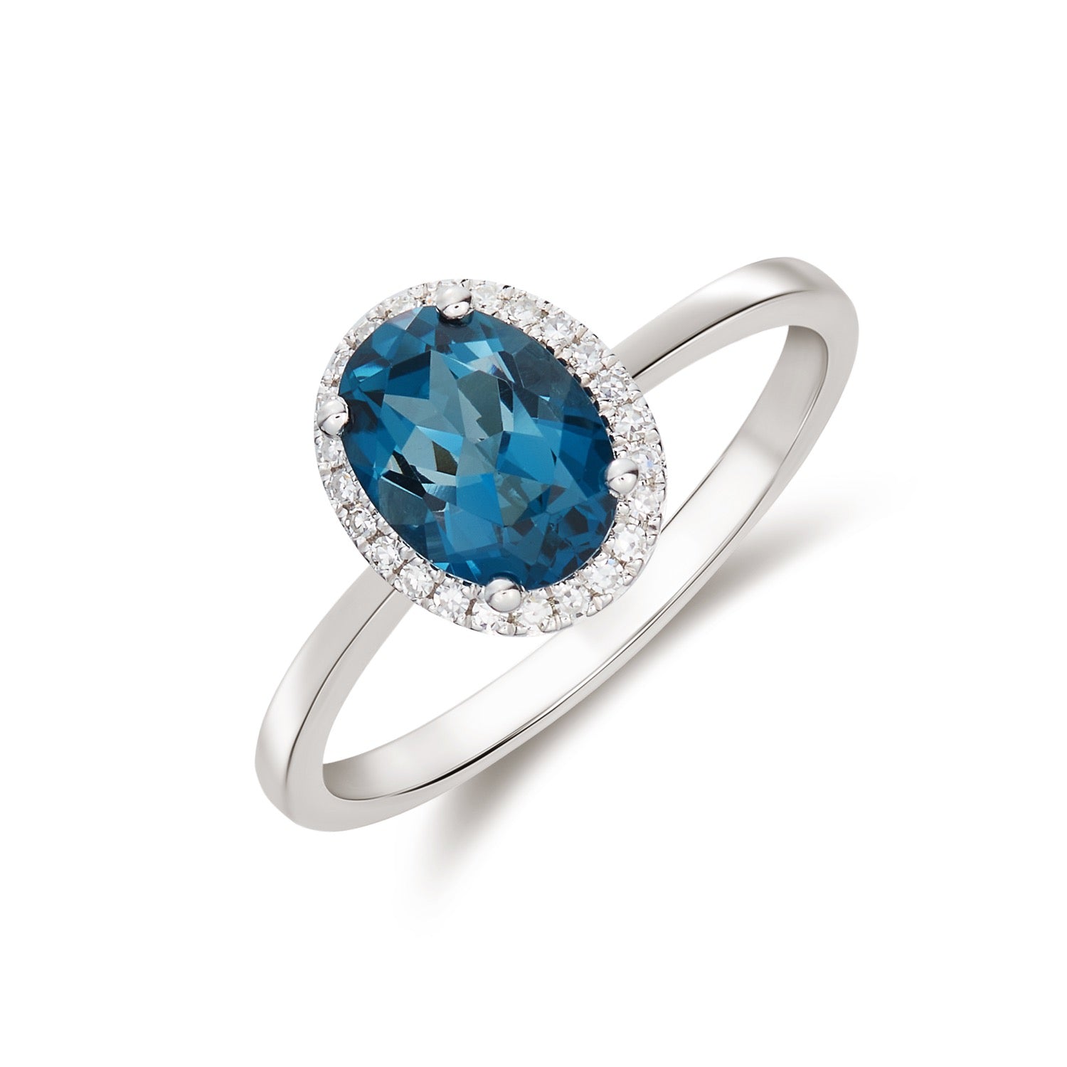 9CT WG 8X6 OVAL LONDON BLUE TOPAZ & DIAMOND CLAW SET CLUSTER RING 1