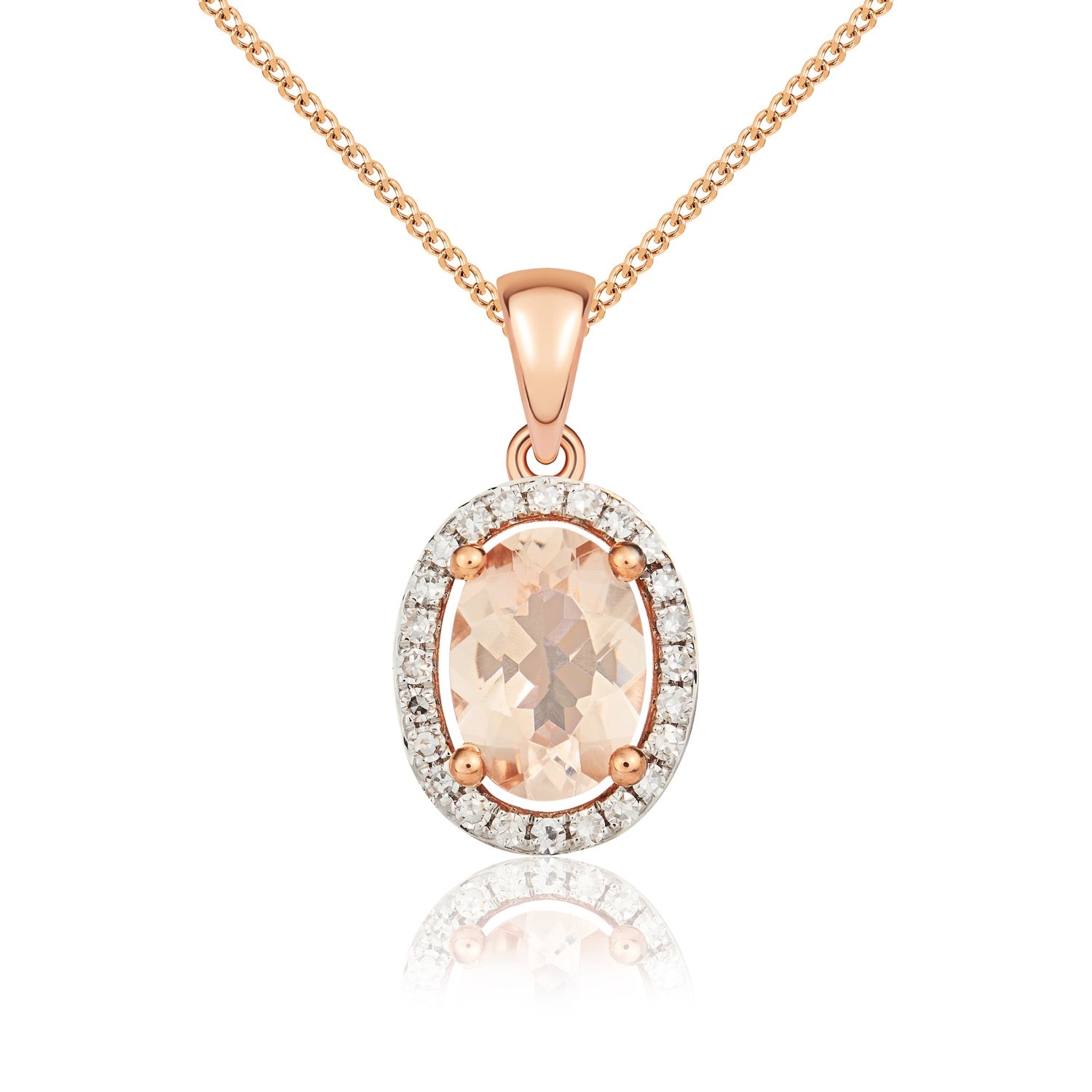 9ct Rose Gold 7x5mm Oval Morganite and Diamond Halo Cluster Pendant Rhodium to Diamonds