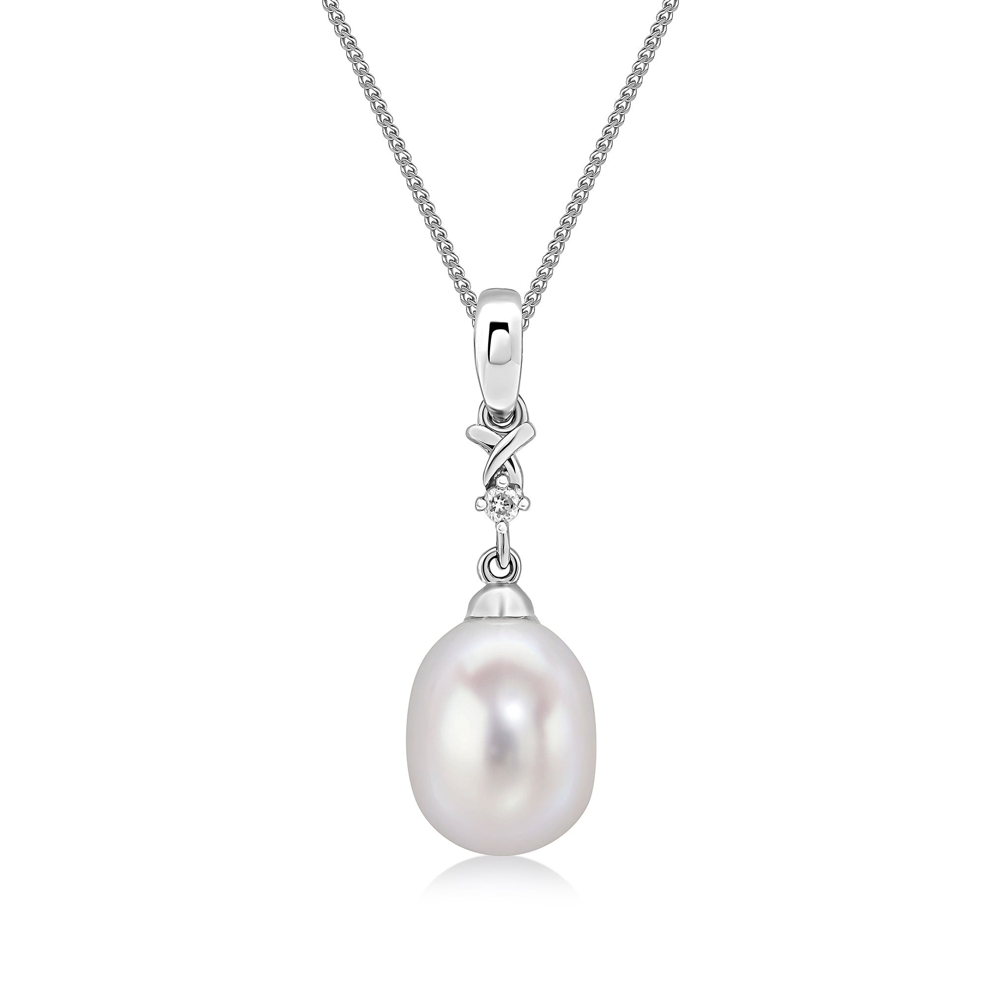 9ct White Gold Cultured Freshwater Pearl and Diamond 2 Stone Pendant with Plain Loop Top