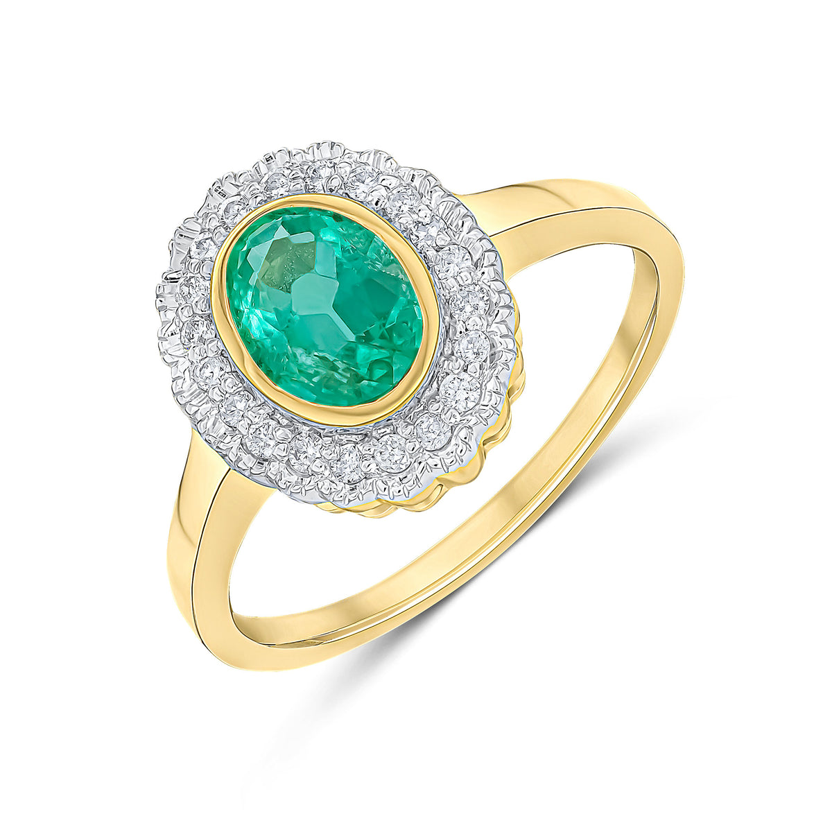 9ct Yellow Gold Rubover Oval Emerald and Milgrain Round Diamond Cluster Ring Rhodium to Diamonds