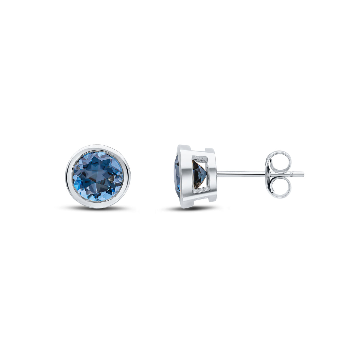 9ct White Gold 6mm Round London Blue Topaz Rubover Earrings