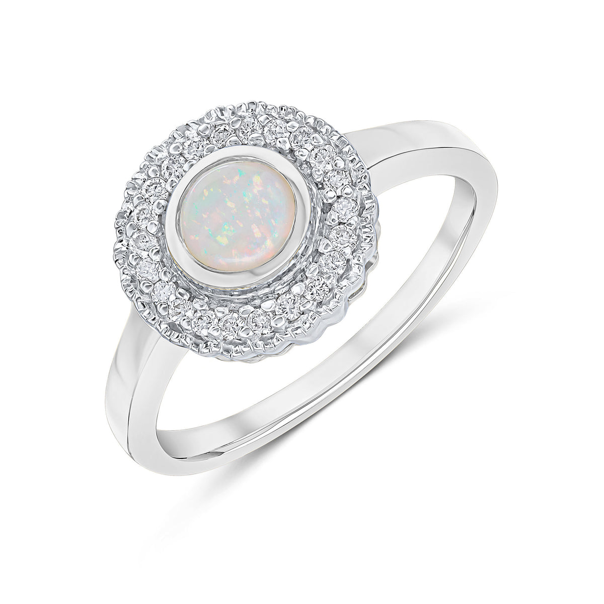 9ct White Gold Round Rubover Opal and Milgrain Round Diamond Cluster Ring