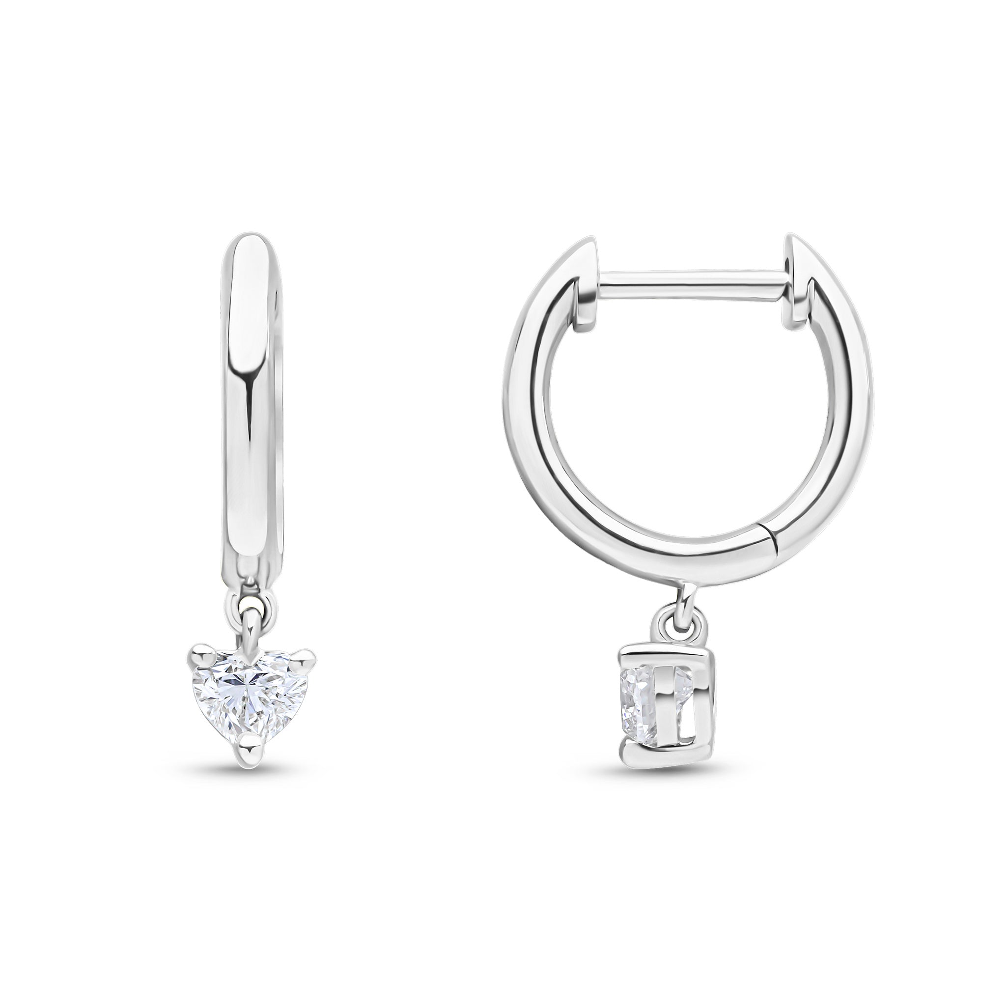 18ct White Gold Plain Hoop Top with Heart-Shape Diamond Drop Earrings