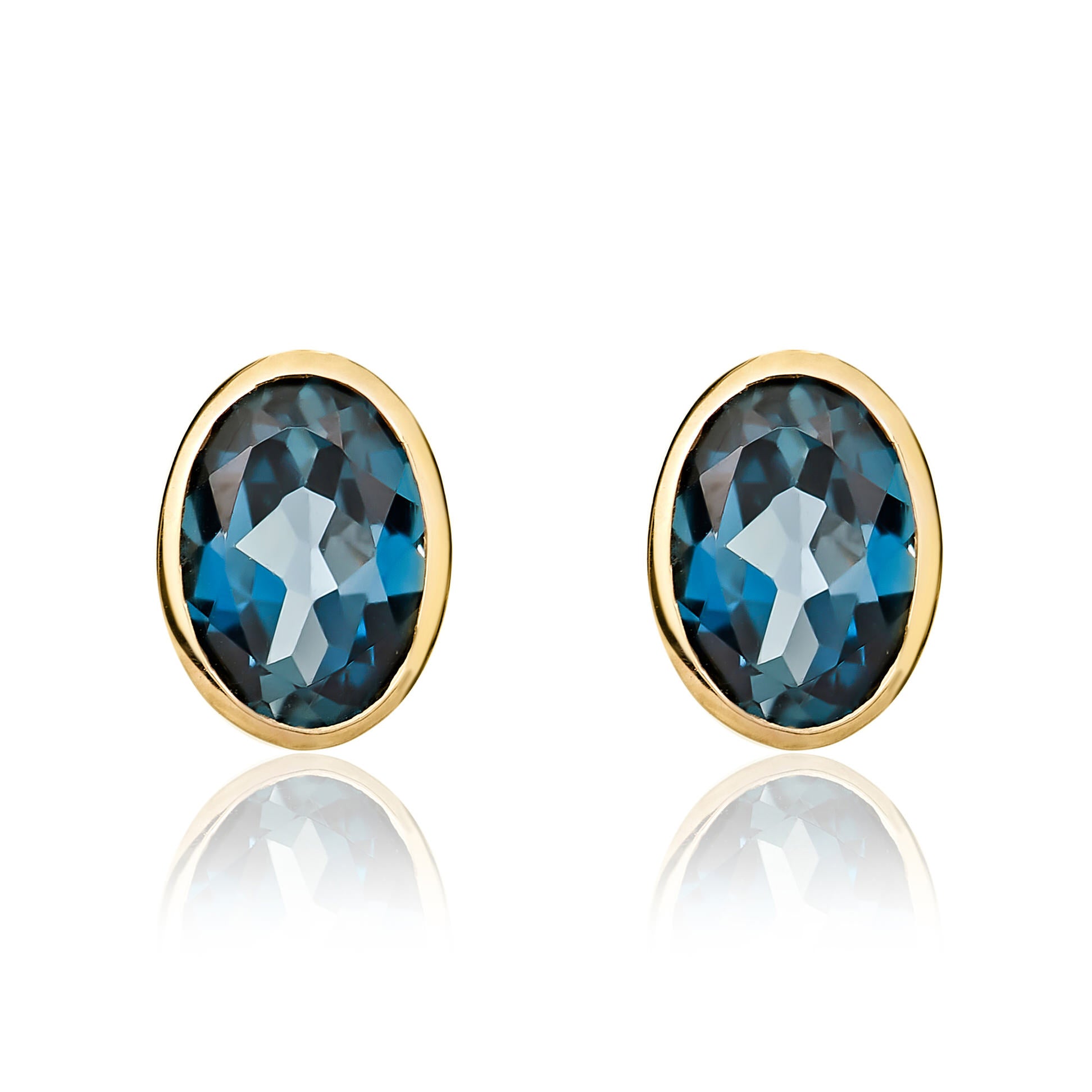 9ct Yellow Gold 7x5 Oval London Blue Topaz Rubover Earrings