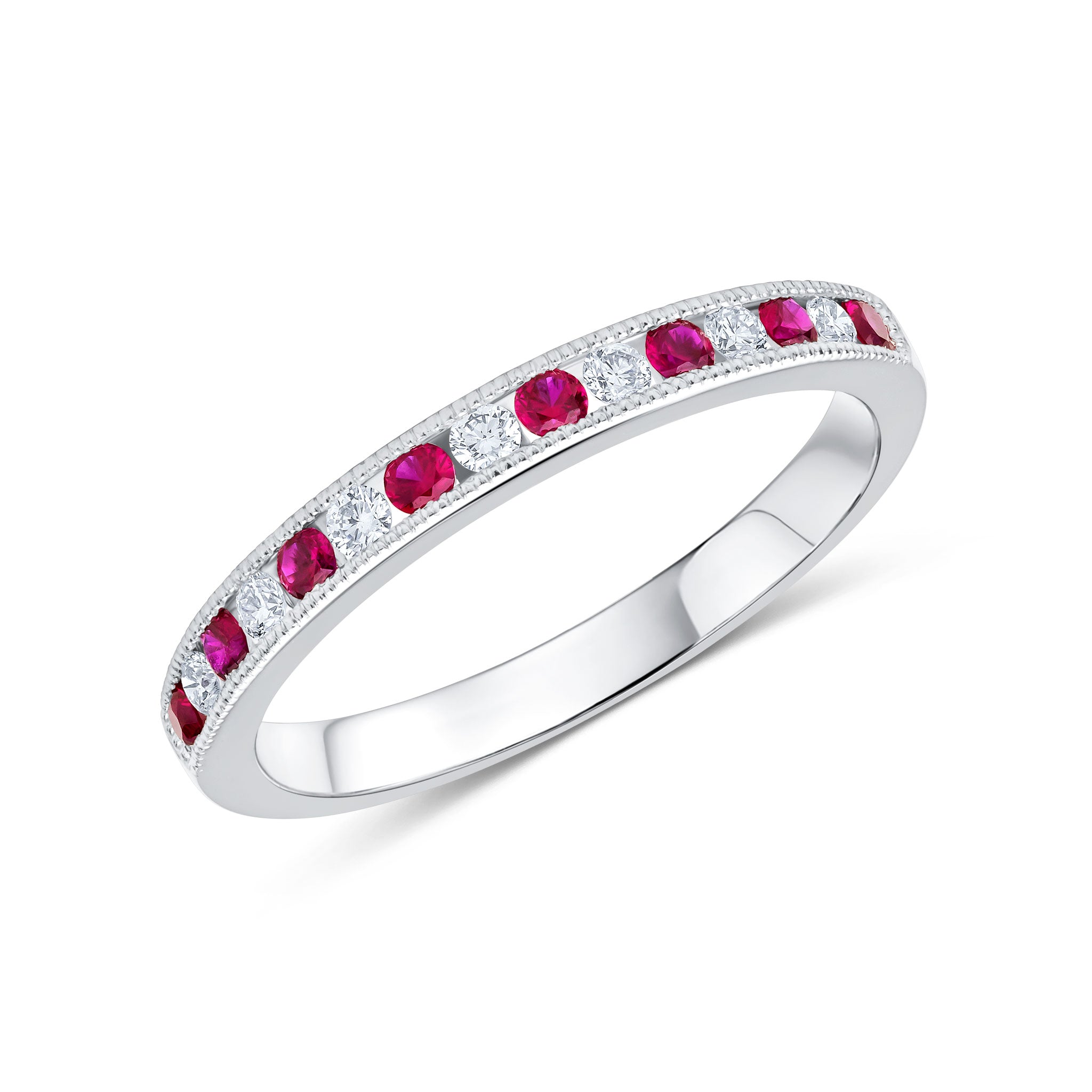 18ct White Gold Round Ruby & Diamond Milgrain Set 15 Stone Eternity Ring