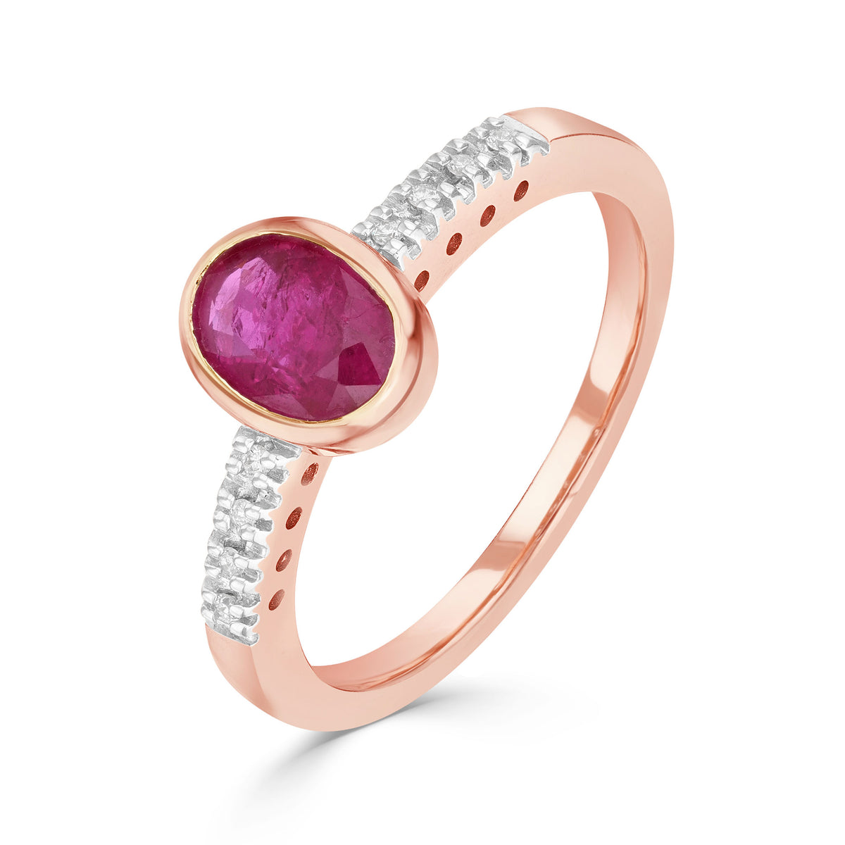 9ct Rose Gold Rubover 7x5 Oval Ruby Single Stone Ring with Claw Set Diamond Shoulders Rhodium to Diamonds