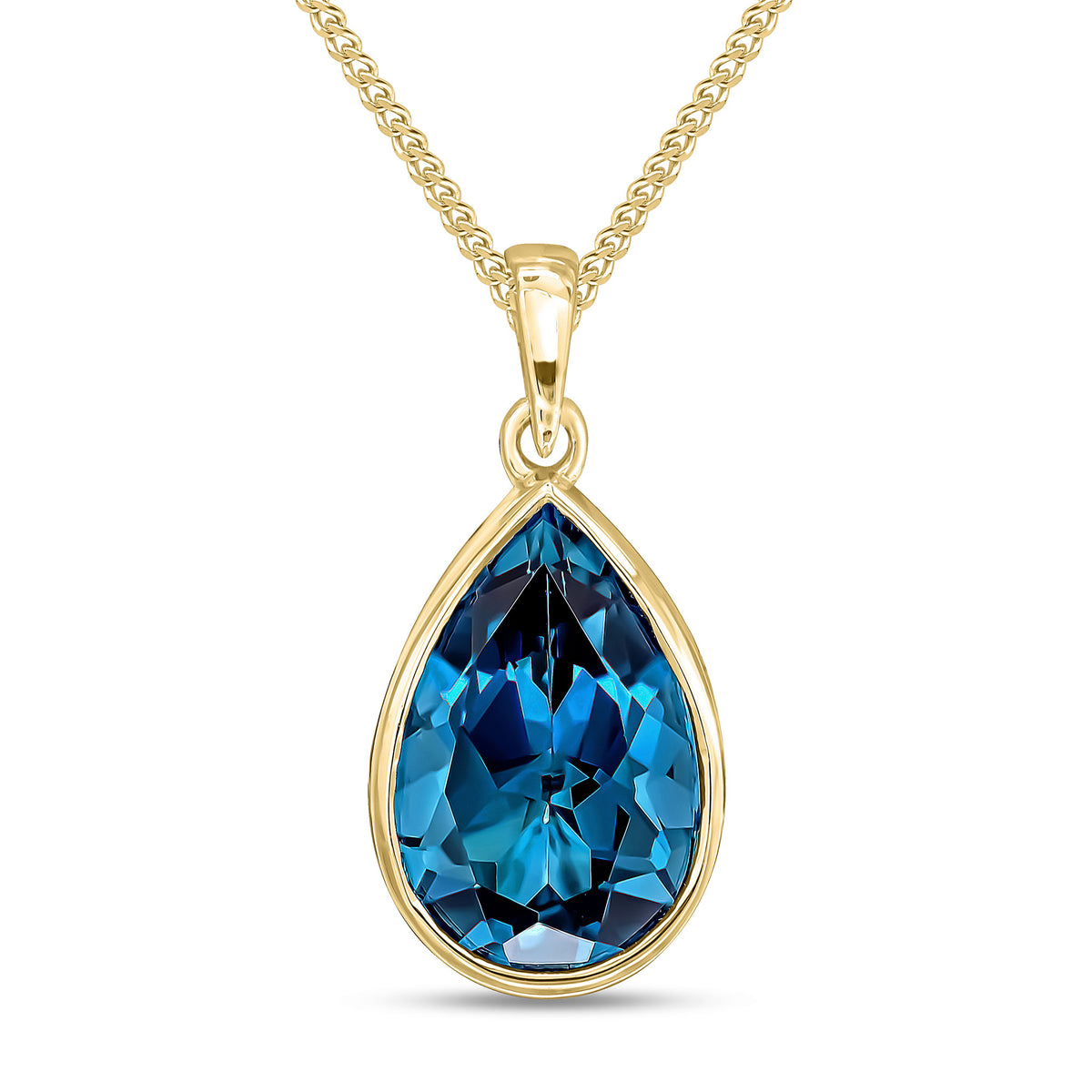 9ct Yellow Gold 14x9 Pear Shape London Blue Topaz Rubover Pendant