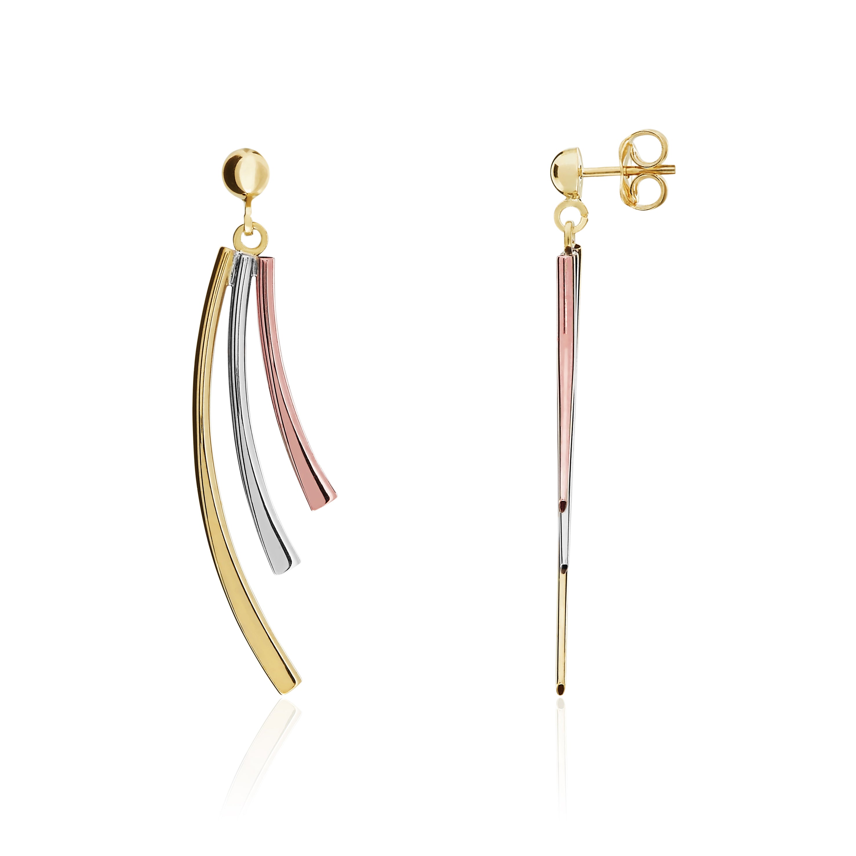 Three Tone 9ct Gold 3 Row Curved Drop Earrings