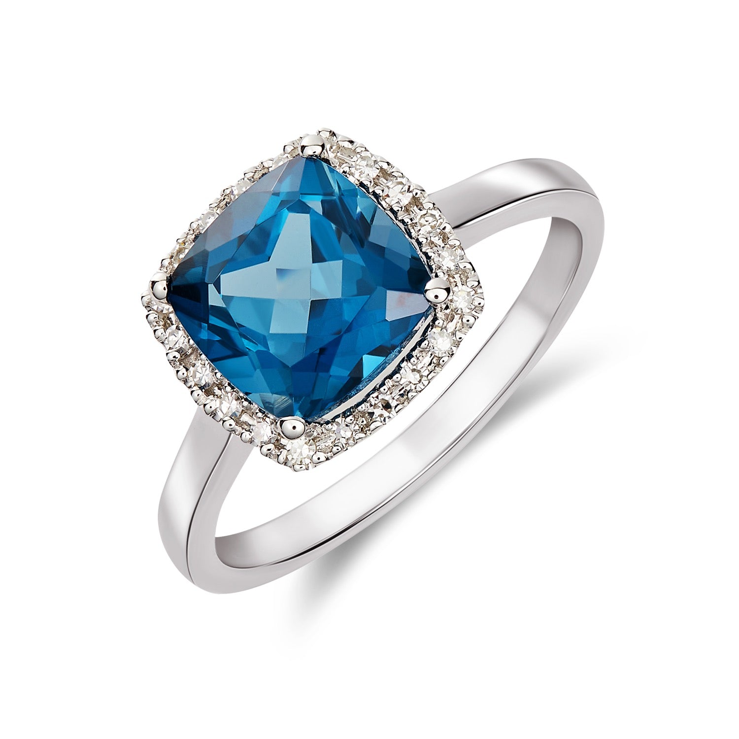 9CT WG 8MM CUSHION LONDON BLUE TOPAZ AND ROUND DIAMOND CLAW CLUSTER RING 1