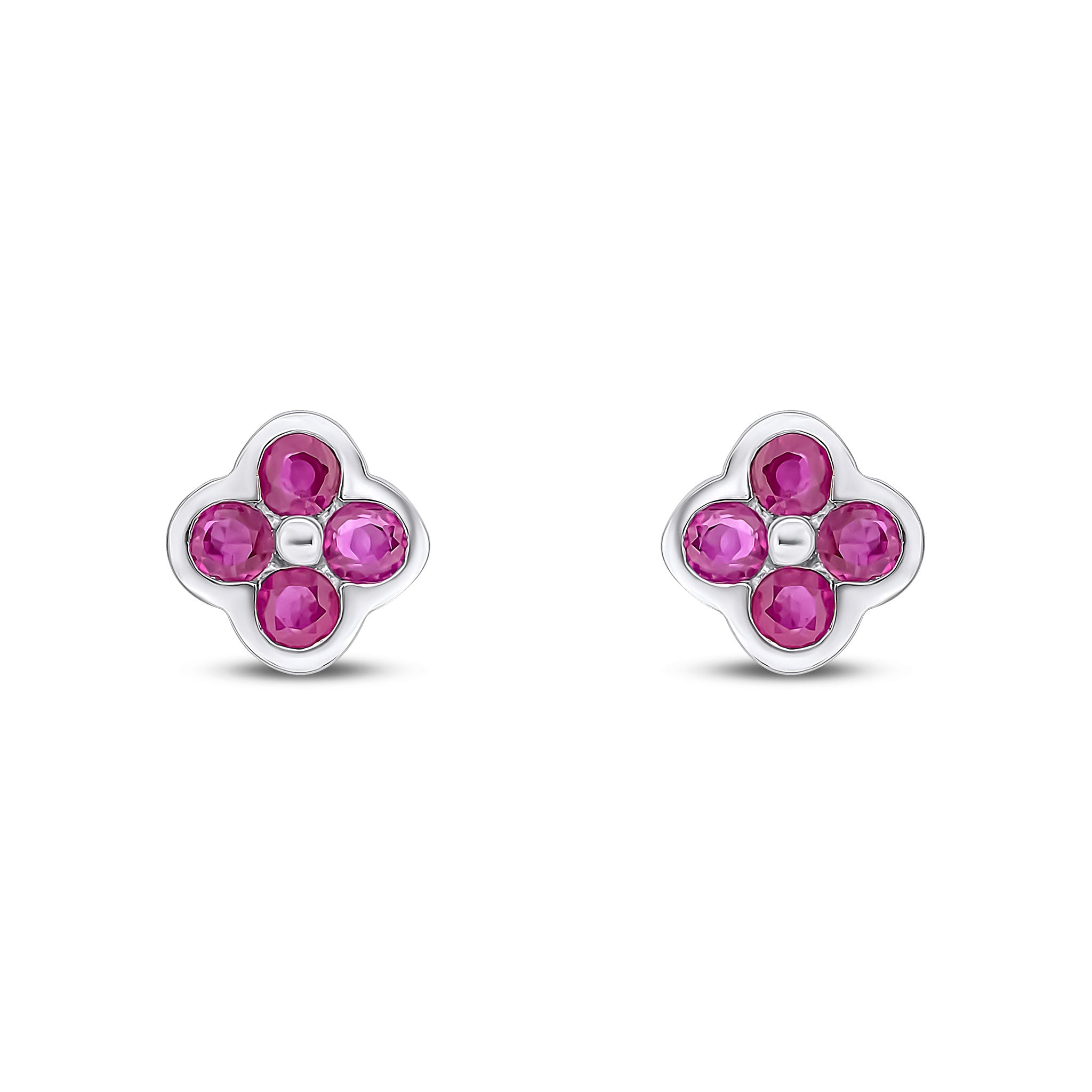 9ct White Gold Round Ruby Four Stone Rubover Stud Earrings