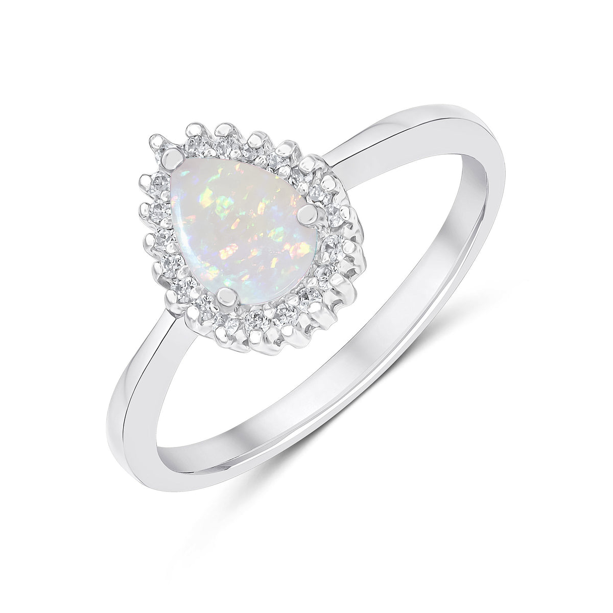 9ct White Gold 7x5mm Pear Shape Opal & Diamond Claw Set Cluster Ring
